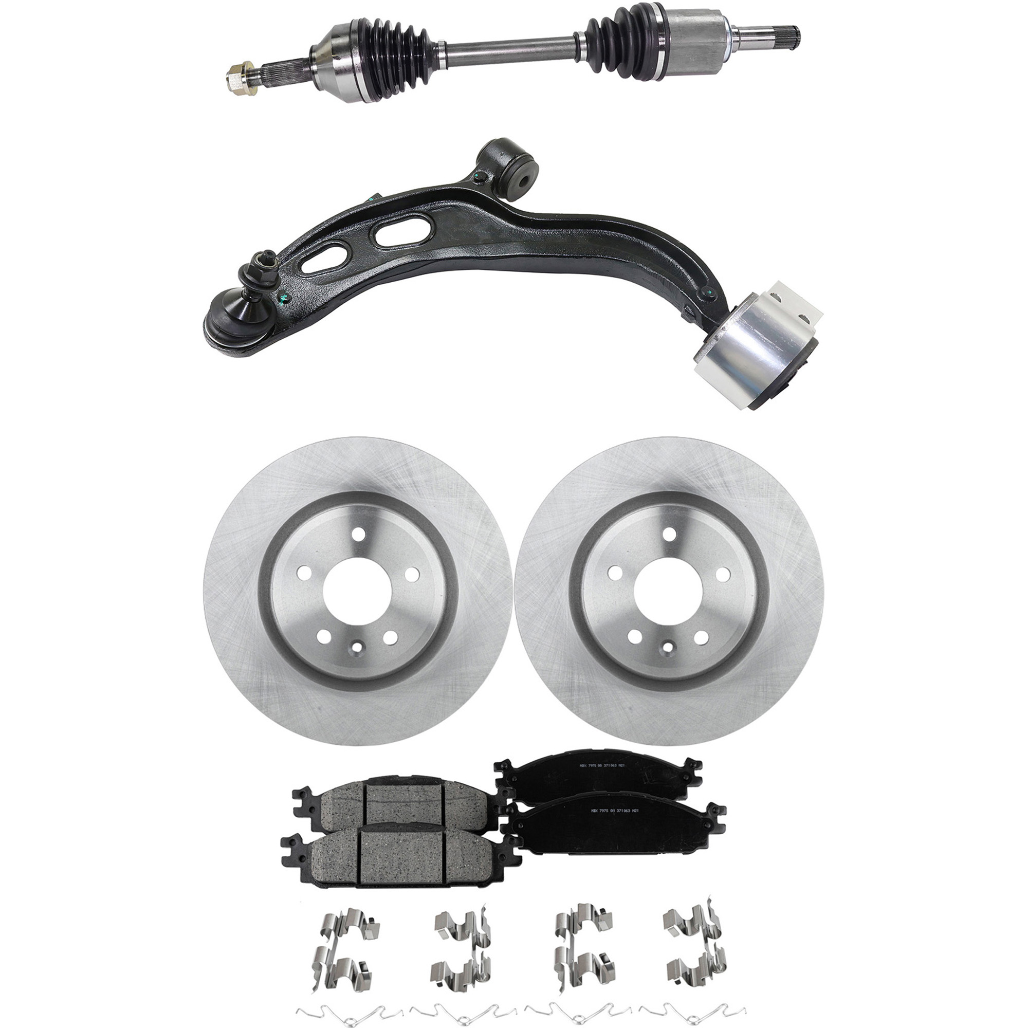 AM FLEX 13-16 TAURUS 13-18 FRONT CONTROL ARM KIT LH Lower 5 pc kit with Axle Assembly Brake Discs and Brake Pad Set SKU KIT 040422-043 OEM CB5Z1125A BB5Z2001A BB5Z2001B