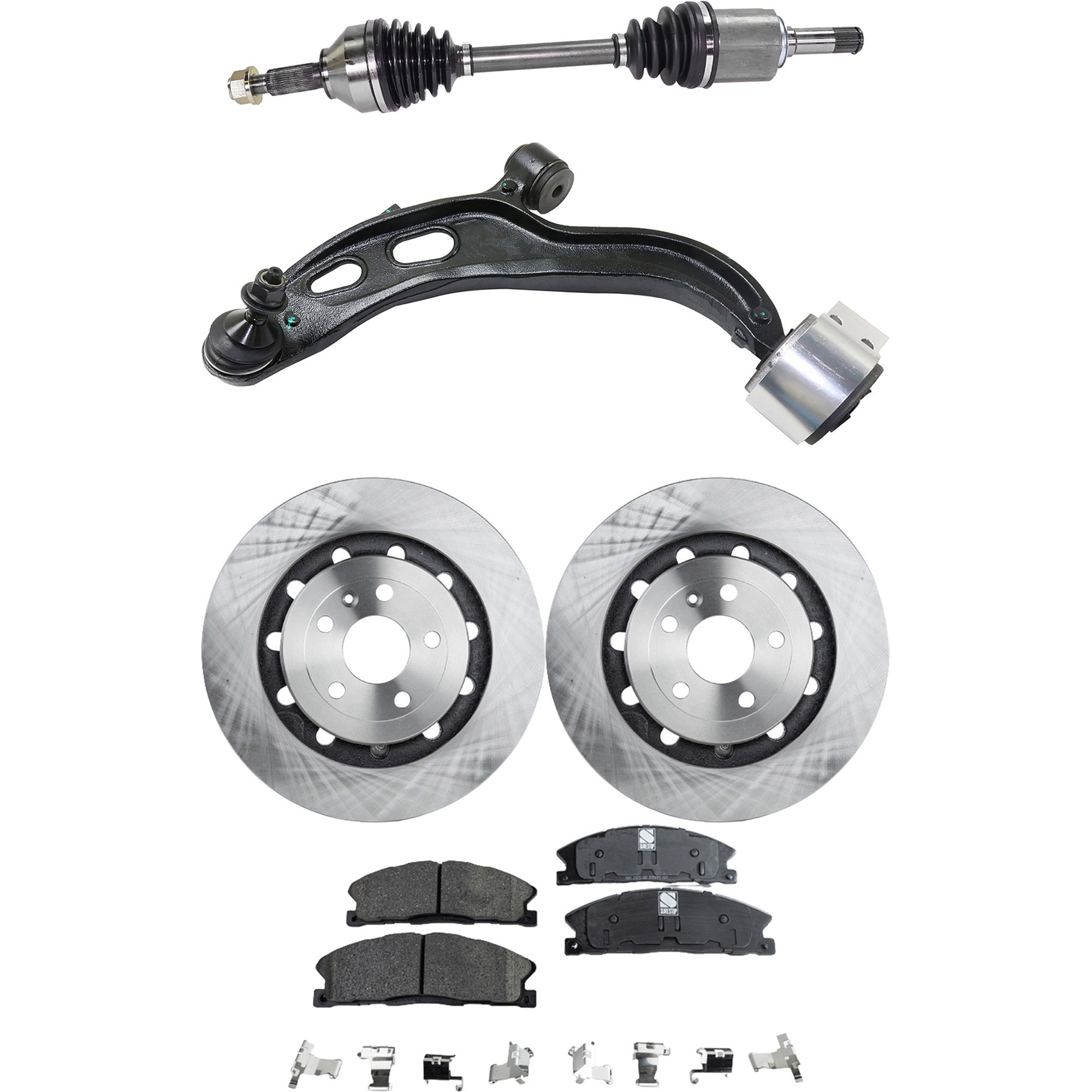 AM MKS 13-15 FRONT CONTROL ARM KIT LH Lower 5 pc kit with Brake Discs Brake Pad Set and Axle Assembly SKU KIT 040422-044 OEM DG1Z1125C DG1Z1125B DG1Z2001A