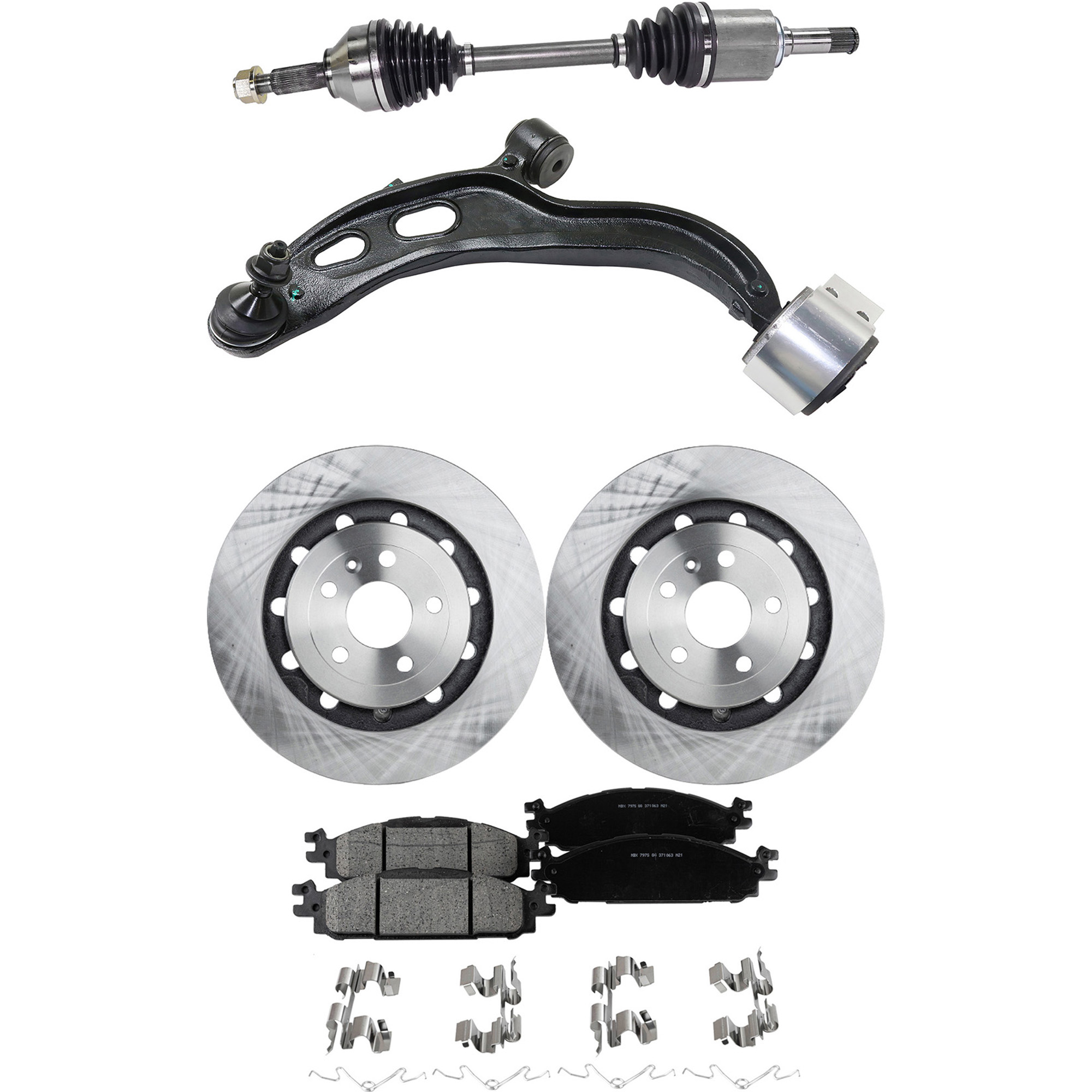 AM MKT 13-13 FLEX 13-15 FRONT CONTROL ARM KIT LH Lower 5 pc kit with Axle Assembly Brake Discs and Brake Pad Set SKU KIT 040422-045 OEM DG1Z1125C DG1Z1125B BB5Z2001A