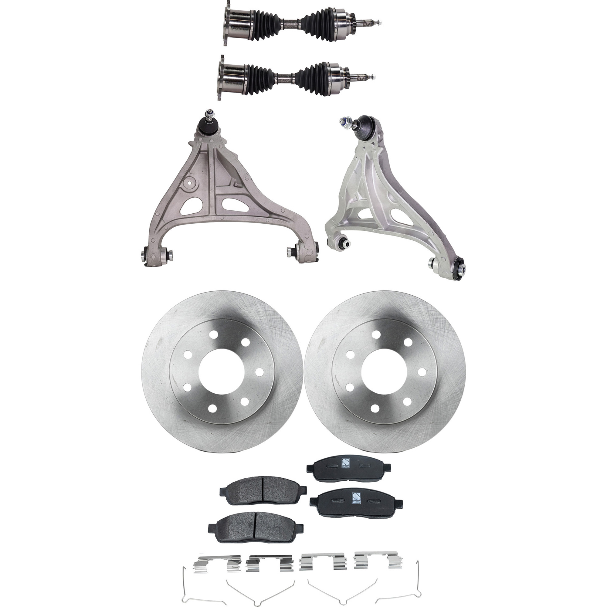 AM F 150-04-08 MARK LT 06-08 FRONT CONTROL ARM RH AND LH Lower 7 pc kit with Brake Disc Brake Pad Set and Axle Assemblies SKU KIT 040422-053 OEM 54110-492575-48880181-60054187