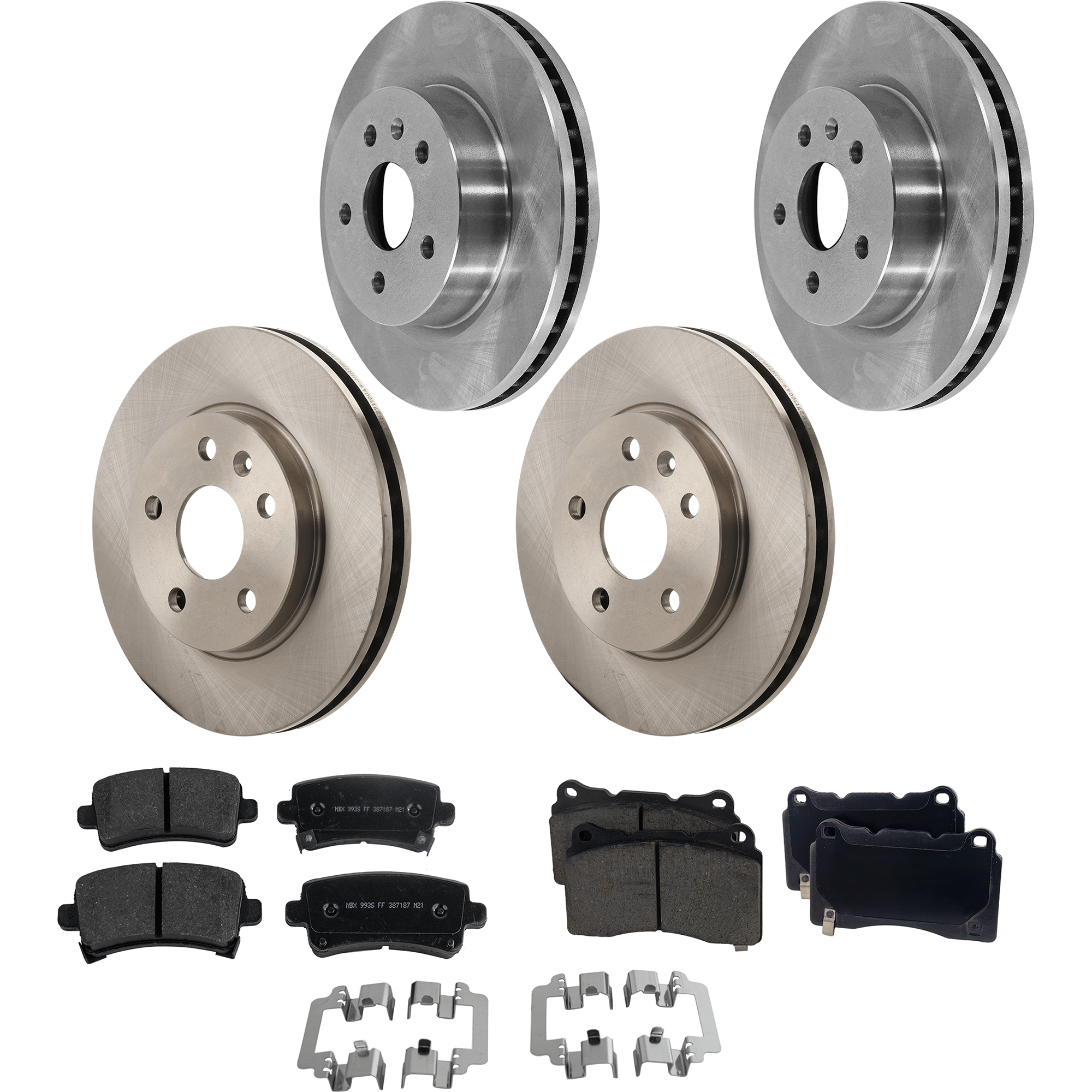 AM REGAL 14-17 FRONT AND REAR BRAKE DISC AND PAD KIT 8 pc kit 5 Lugs Ceramic Front Non Asbestos Organic Rear 296mm Front Disc SKU KIT 040423-04 OEM 569062-13501303-13501290-13501
