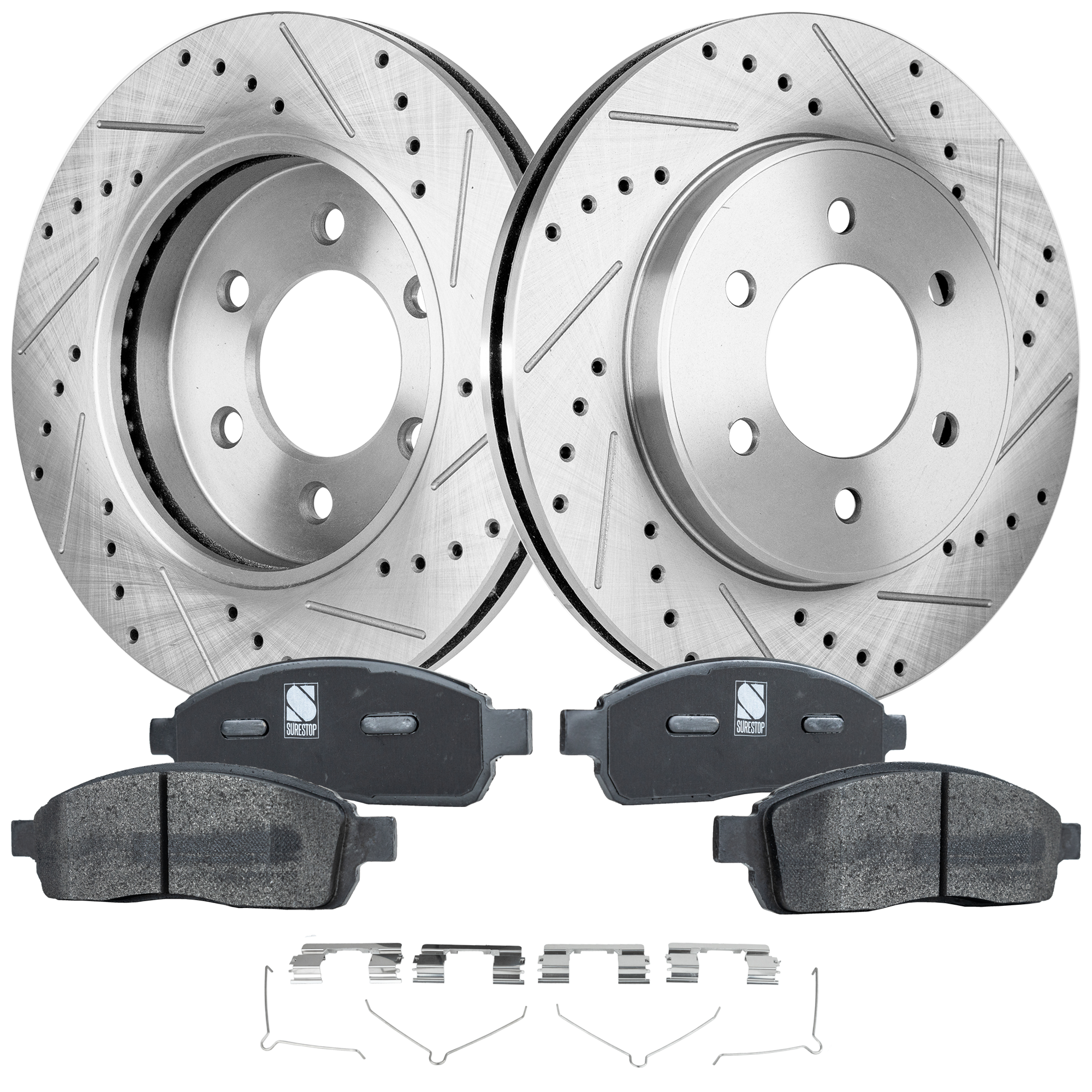 AM F 150-04-08 MARK LT 06-08 FRONT BRAKE DISC AND PAD KIT 4 pc Kit Cross drilled and Slotted 6 Lugs SKU KIT 040523-21 OEM 4L3Z2001AB 4L3Z2001AC 4L3Z2001