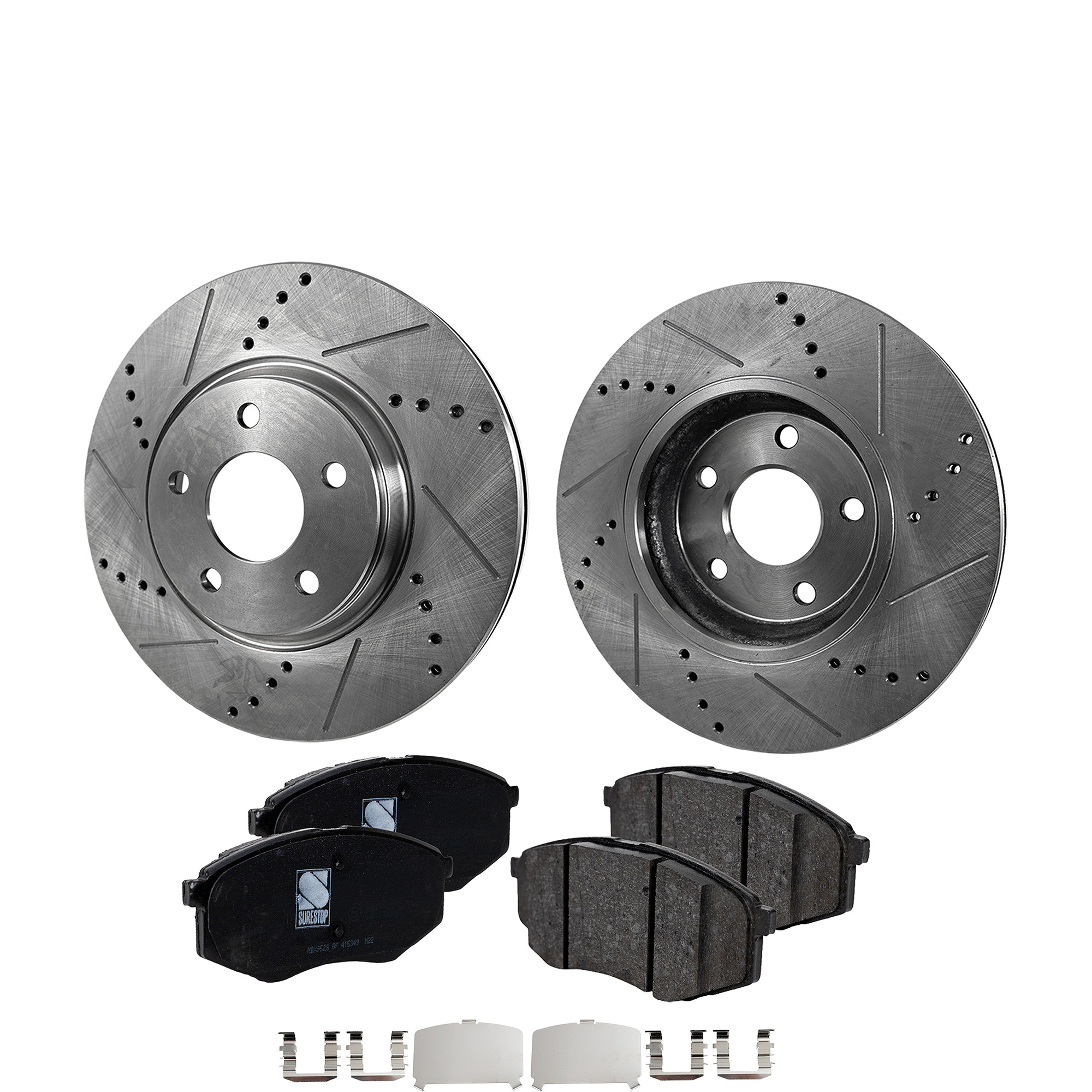 AM TUCSON 12-12 FRONT BRAKE DISC AND PAD KIT Cross drilled and Slotted 2 Wheel Set SKU KIT 040523-28 OEM 31427-60289-145832-0833006-900
