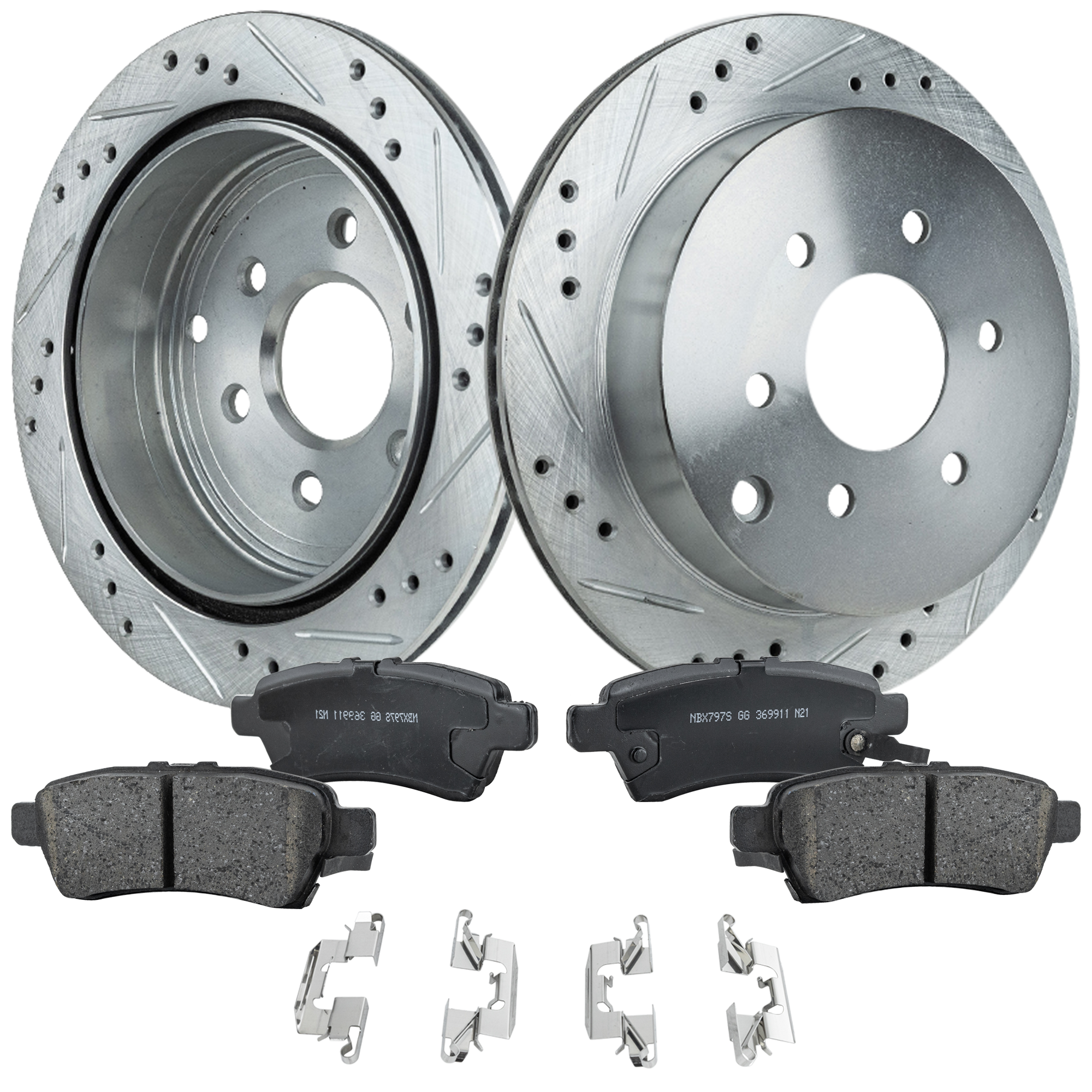 AM XTERRA 06-07 REAR BRAKE DISC AND PAD KIT Cross drilled and Slotted 6 Lugs 4 pc kit SKU KIT 040523-32 OEM 31410-44585-0832977-980368-488