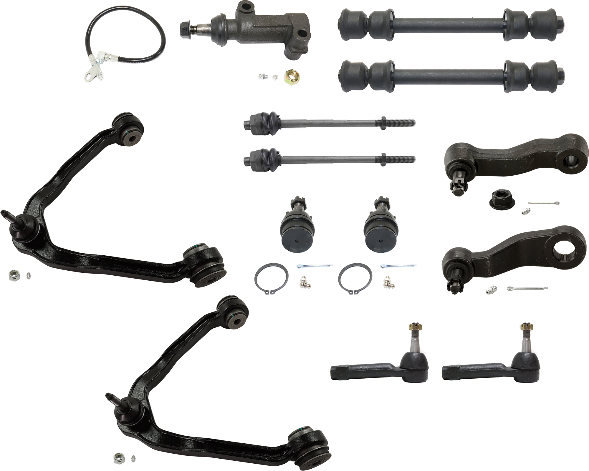 AM SIERRA SILVERADO 1500-99-07 FRONT SUSPENSION KIT RH AND LH 13 pc kit with Ball Joint Control Arm Idler Arm Idler Arm Bracket Pitman Arm Sway Bar Link and Tie Rod End SKU KIT 040524-04 OEM 104327-2601528-5051272-1247281