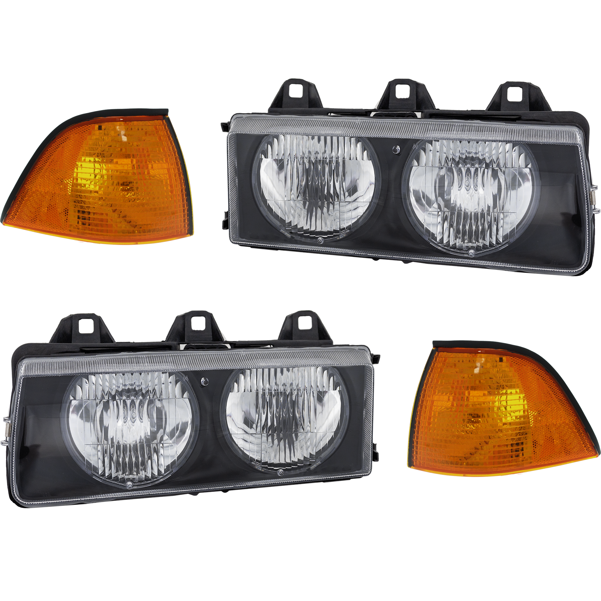 AM 3 SERIES 92-99 HEAD LAMP RH AND LH Assembly Halogen 4 pc Kit with Corner Lights SKU KIT 040716-03 Partslink BM2503101 BM2502101 BM2520107 BM2521107 OEM 63121387862-63121387861-631383