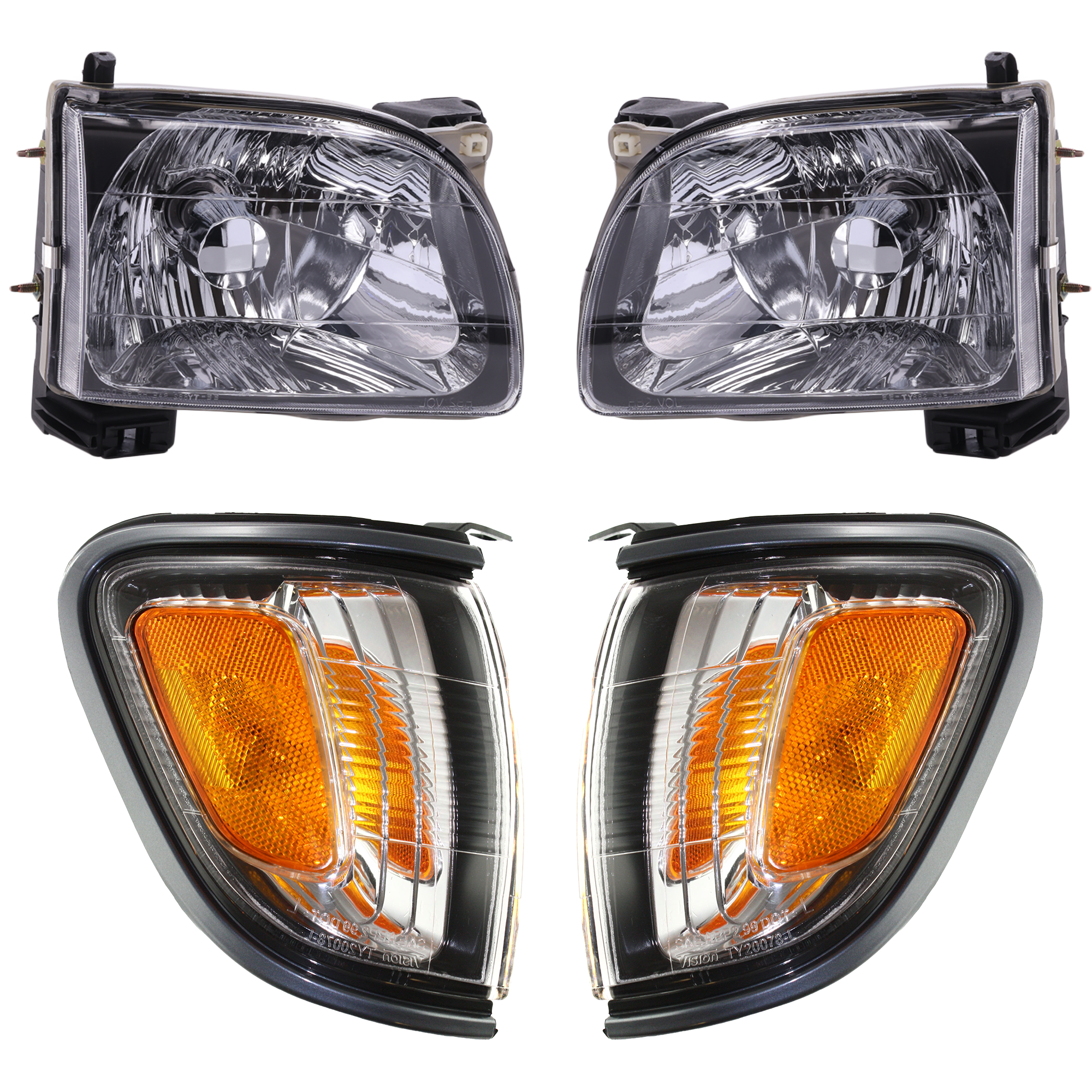 AM TACOMA 01-04 HEAD LAMP RH AND LH Assembly Halogen 4 pc Kit with Corner Lights SKU KIT 040716-12 Partslink TO2502136 TO2503136 TO2520160 TO2521160 OEM 8111004110-8115004110-81620040