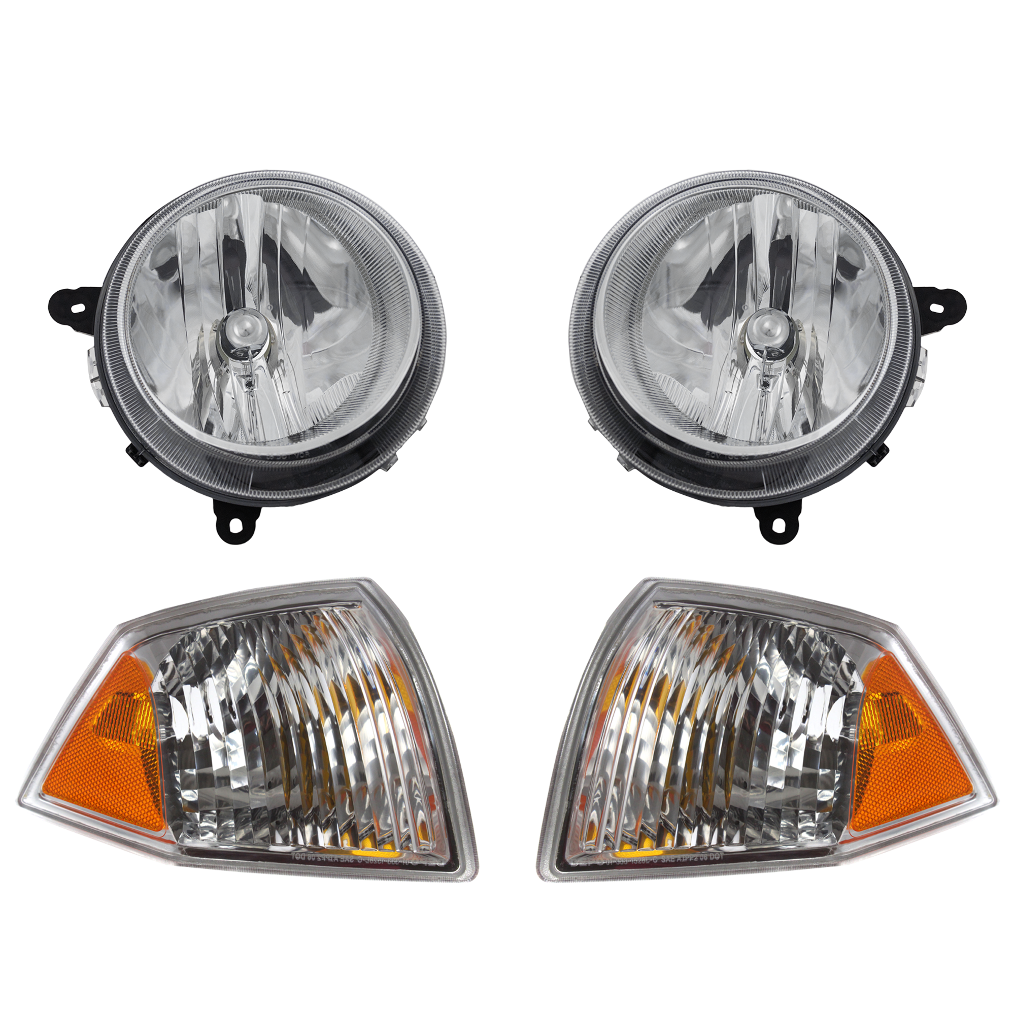 AM COMPASS 07-10 HEAD LAMP RH AND LH Assembly Halogen 4 pc Kit with Corner Lights SKU KIT 040716-28 Partslink CH2503176 CH2502176 CH2520144 CH2521144 OEM 5303842AE 5303843AE 68000683AB