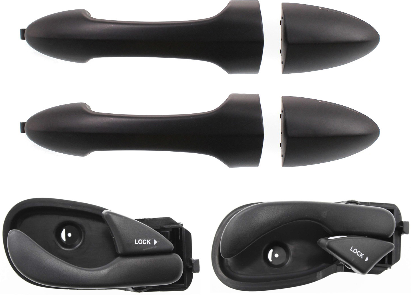AM FOCUS 00-07 REAR INTERIOR AND EXTERIOR DOOR HANDLE RH AND LH Black 4 pc Kit with Exterior Door Handle SKU KIT 040818-49 Partslink FO1353126 FO1352126 FO1310142 MA1310116 OEM 1S4Z5422600A 6S4Z5422600A 1S4Z