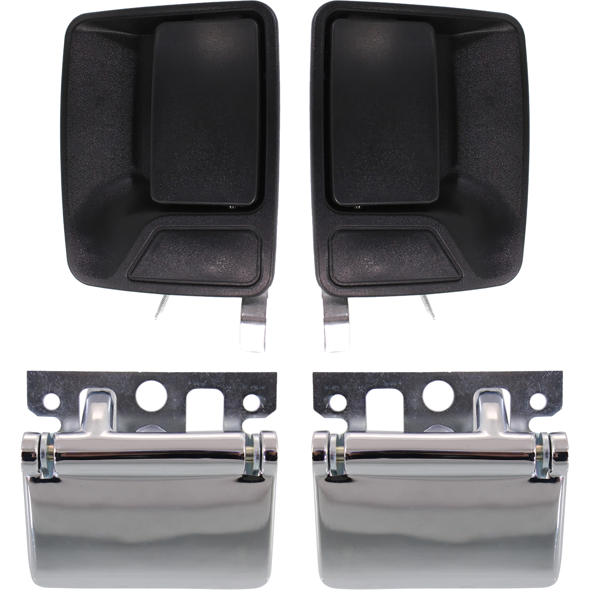 AM F 250 F 350 SUPER DUTY 99-16 REAR EXTERIOR DOOR HANDLE RH AND LH 4 pc Kit Plastic Textured Black w o Key Hole with Interior Door Handle SKU KIT 040818-63 Partslink FO1521104 FO1520104 OEM F81Z2626601AAB 7C3Z2626600AA 7