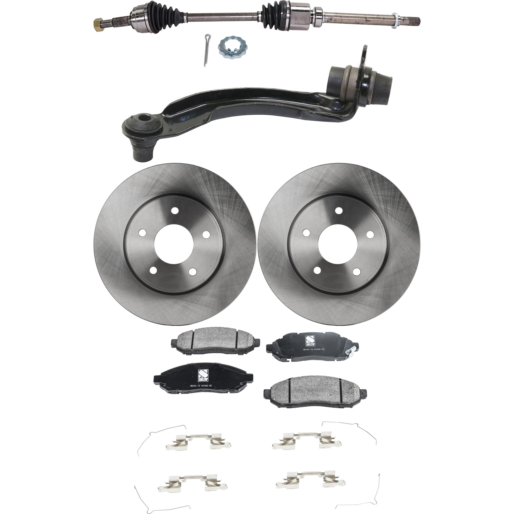 AM NV200-14-19 FRONT CV AXLE ASSEMBLY RH 5 pc kit with Brake Discs Brake Pad Set and Control Arm SKU KIT 041022-010 OEM 391003LN0A 44733-850258-600671