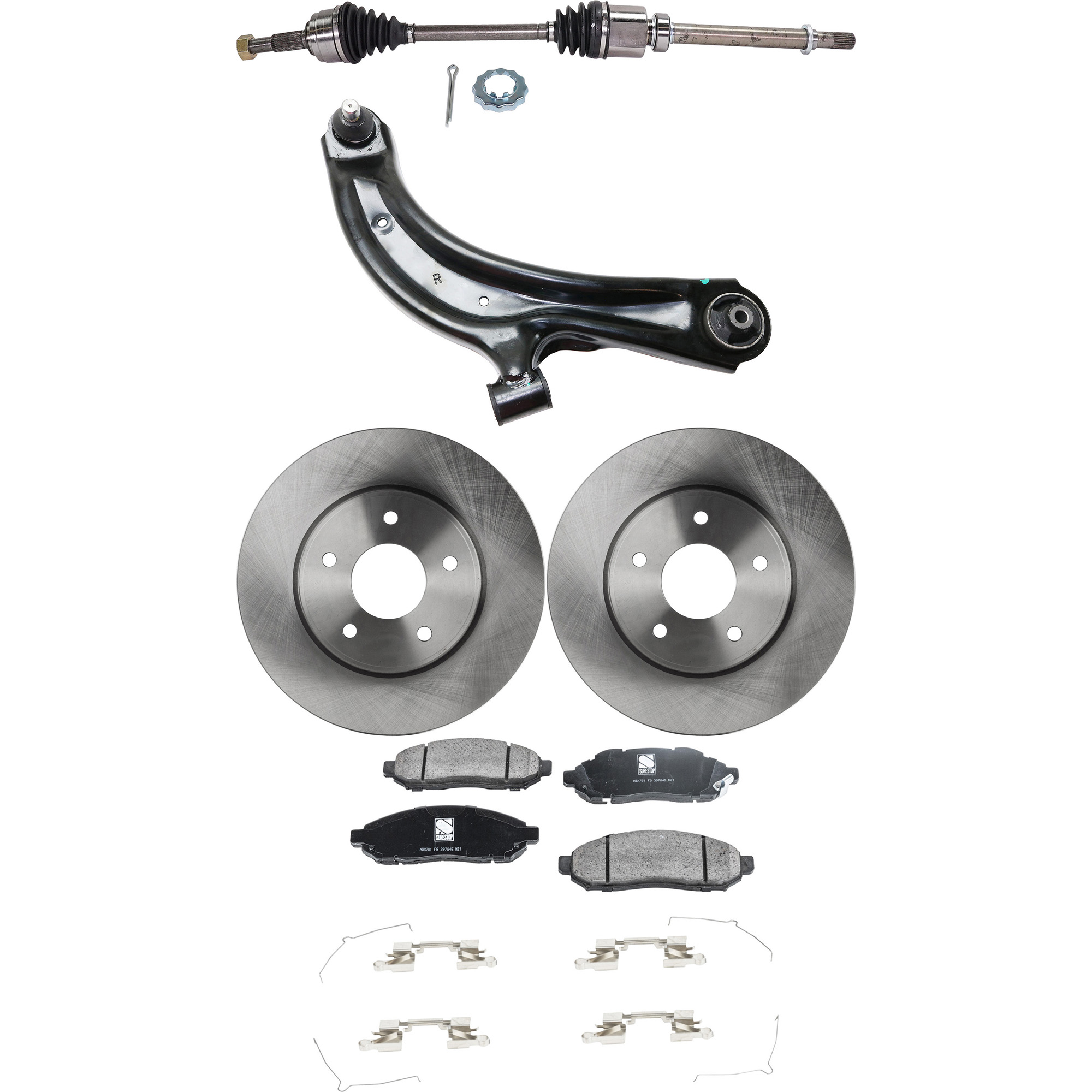 AM NV200-14-19 FRONT CV AXLE ASSEMBLY RH 6 pc kit with Brake Discs Brake Pad Set and Control Arm SKU KIT 041022-011 OEM 391003LN0A 44733-850258-600671