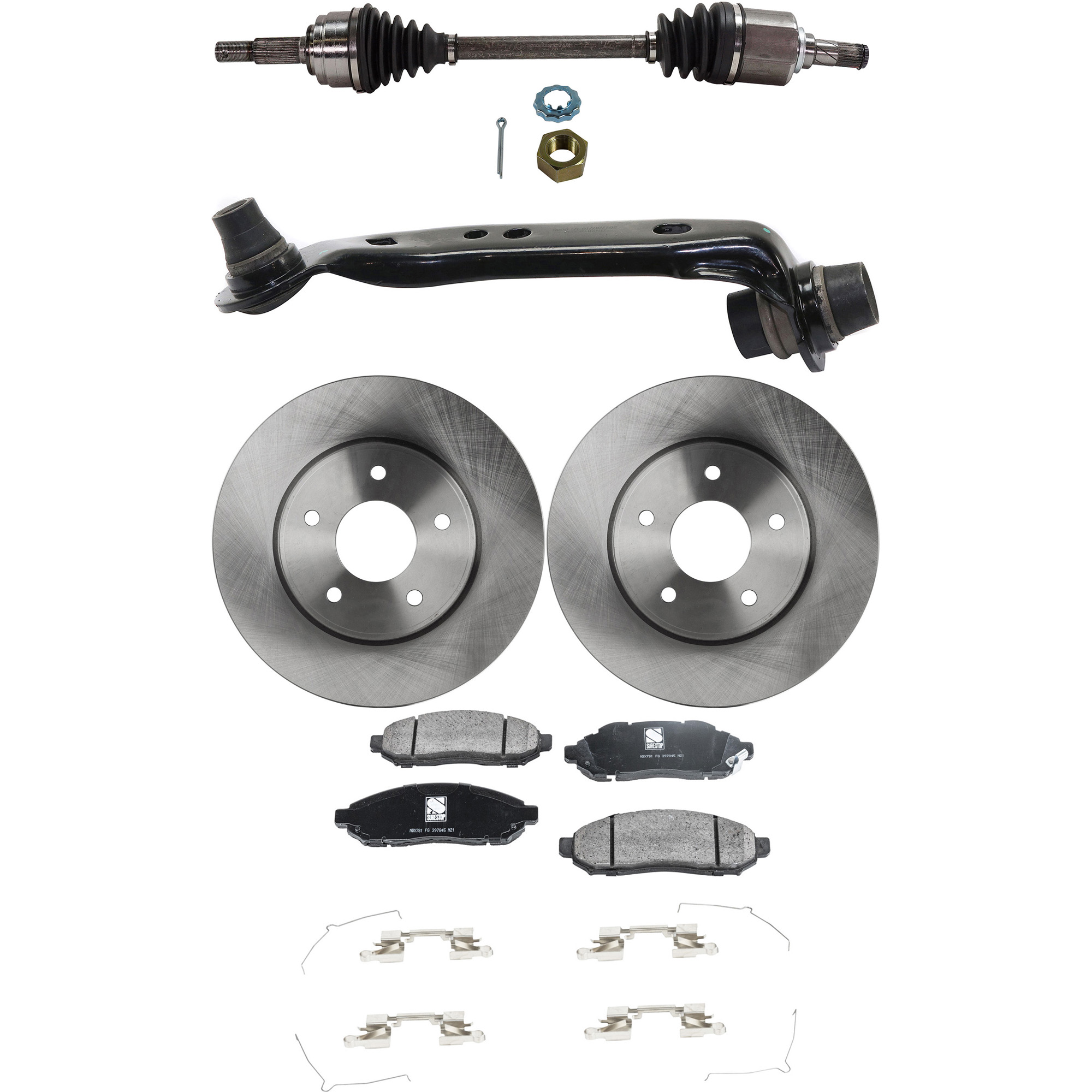 AM NV200-13-20 FRONT CV AXLE ASSEMBLY LH 5 pc kit with Brake Discs Brake Pad Set and Control Arm SKU KIT 041022-012 OEM 447-338-502-586-006-000-000-000-000