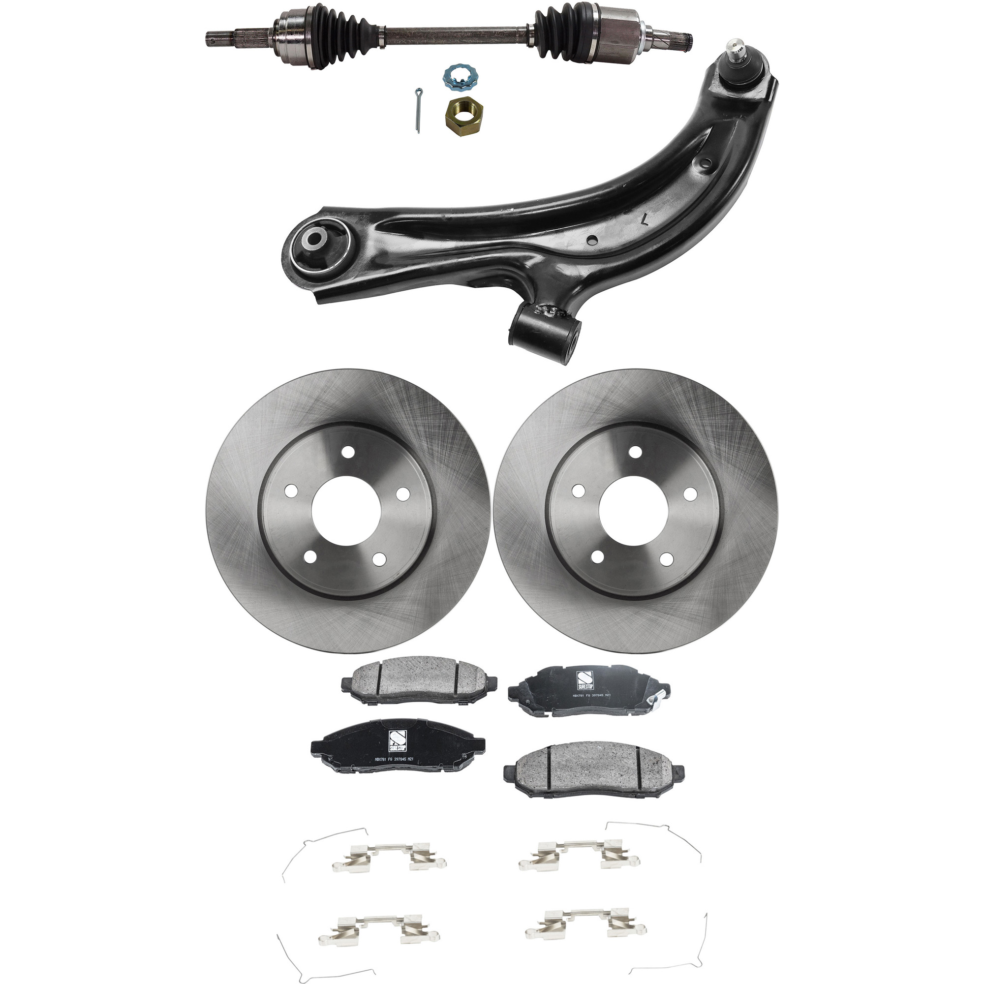 AM NV200-13-20 FRONT CV AXLE ASSEMBLY LH 6 pc kit with Brake Discs Brake Pad Set and Control Arm SKU KIT 041022-013 OEM 44733-850258-60067103-60068017