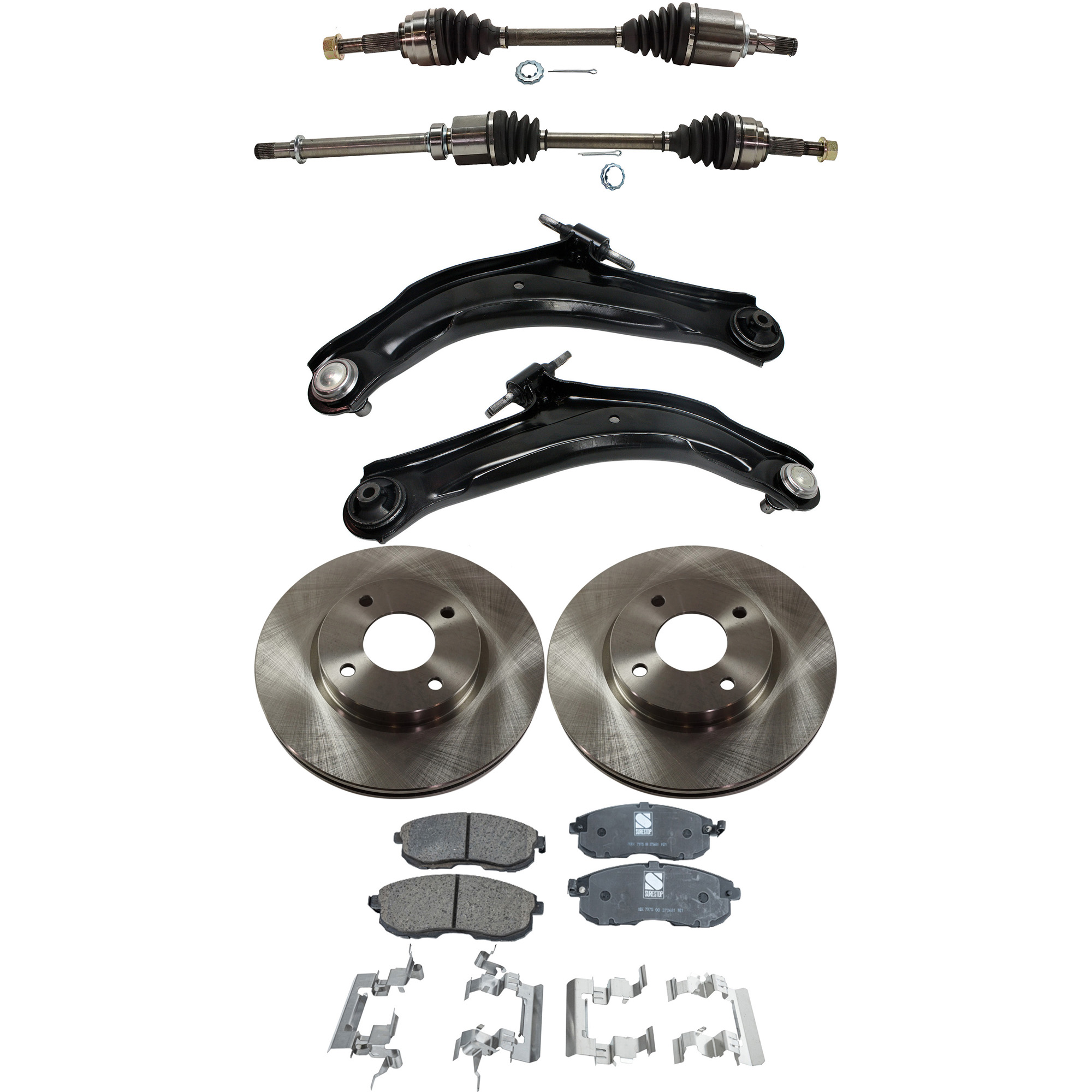 AM SENTRA 11-12 FRONT CV AXLE ASSEMBLY RH AND LH 8 pc kit with Brake Discs Brake Pad Set and Control Arms SKU KIT 041022-025 OEM 40206ET00A 40206ET00C 40206ET0