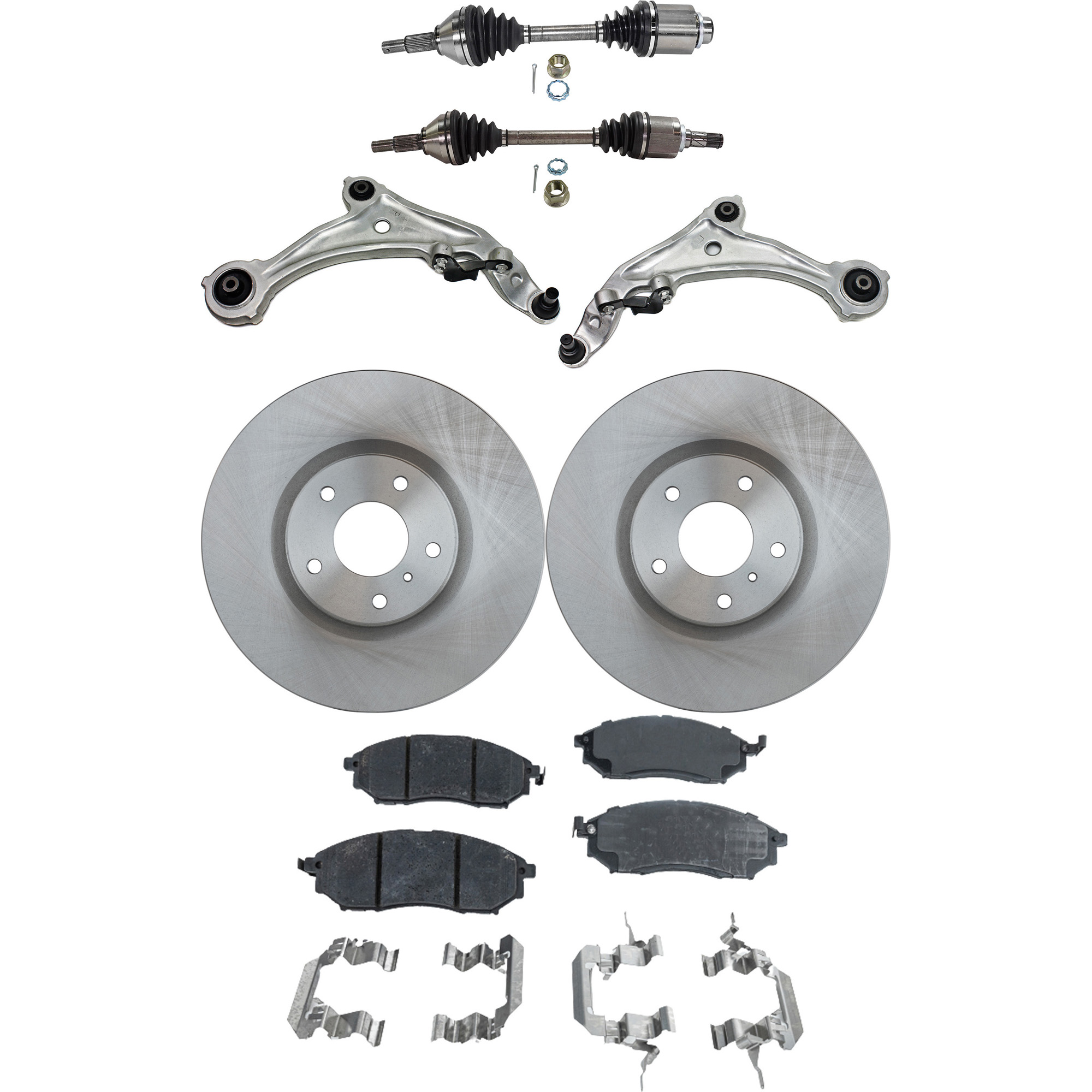 AM MURANO 11-14 FRONT CV AXLE ASSEMBLY RH AND LH 7 pc Kit with Brake Discs Brake Pad Set and Control Arms SKU KIT 041022-041 OEM 40206CA010-40206EG000-41060AR0
