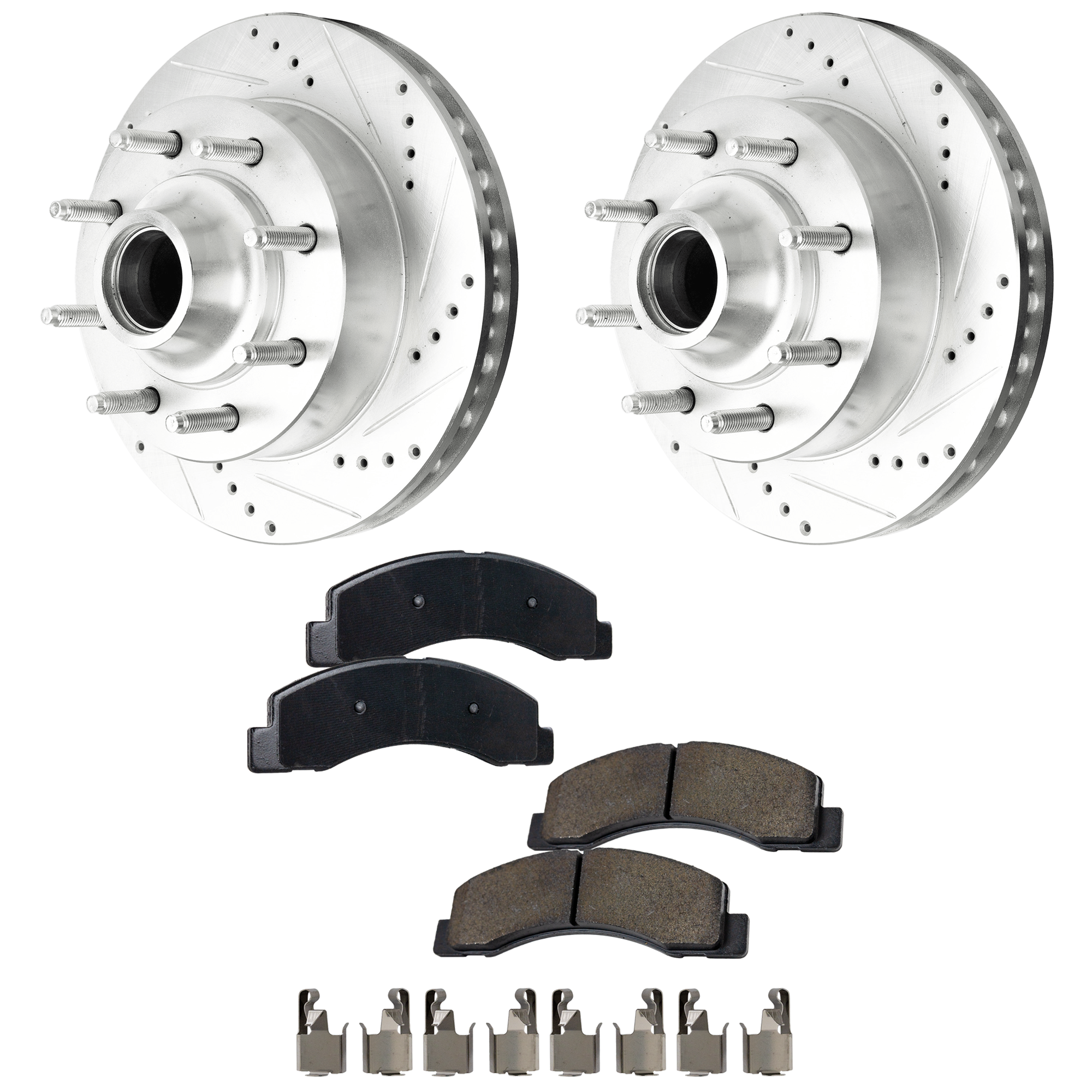 AM F 250 SUPER DUTY F 350 SUPER DUTY 99-02 FRONT BRAKE DISC AND PAD KIT 2 Wheel Set Cross drilled and Slotted SKU KIT 041023-01 OEM 54-071-667-851-020-000-000-000-000