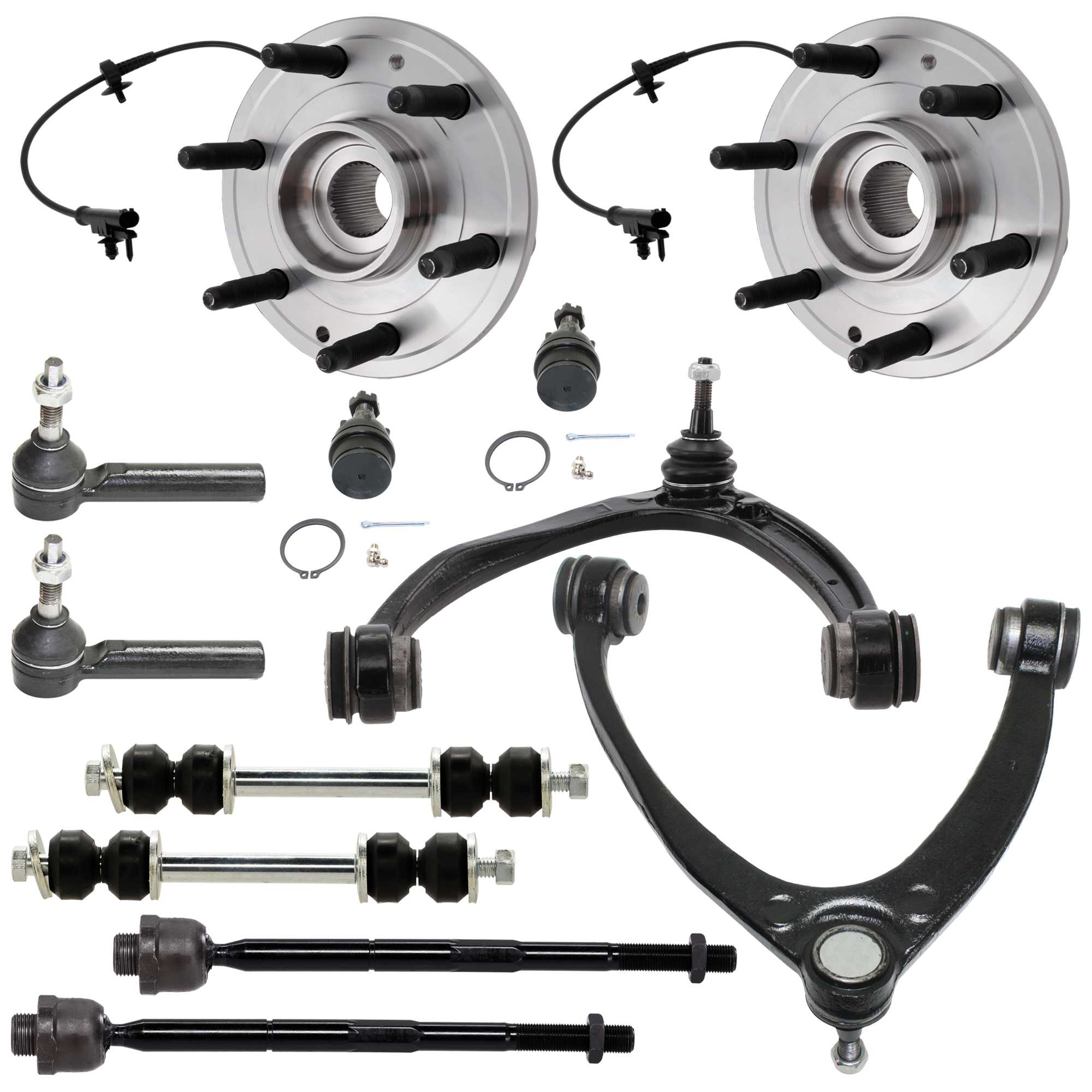 AM ESCALADE TAHOE YUKON 07-14 FRONT CONTROL ARM KIT RH AND LH Upper w ball joint s 12 pc Kit with Wheel Hub Control Arm Tie Rod End Ball Joint Sway Bar Link SKU KIT 041118-04 OEM 104327-2601528-5051272-1247281
