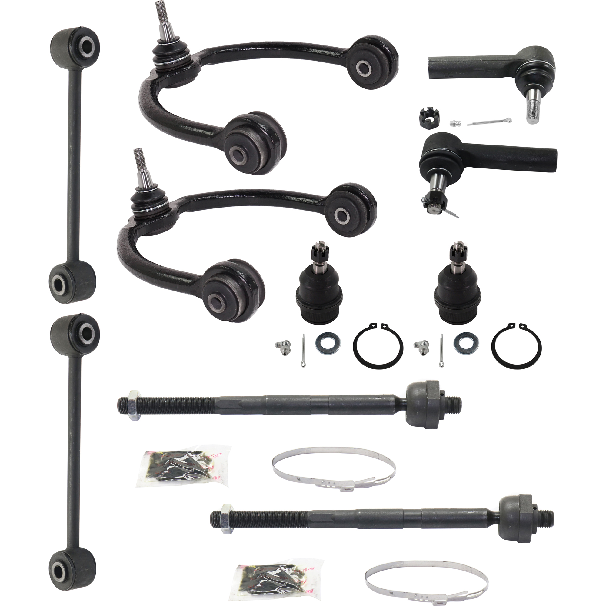 AM GRAND CHEROKEE 05-10 COMMANDER 06-10 FRONT CONTROL ARM KIT RH AND LH Upper 10 pc kit with Ball Joints Sway Bar Links Tie Rod End and Tie Rod Ends SKU KIT 041118-10 OEM 2601627-5051390-10480629-45D24