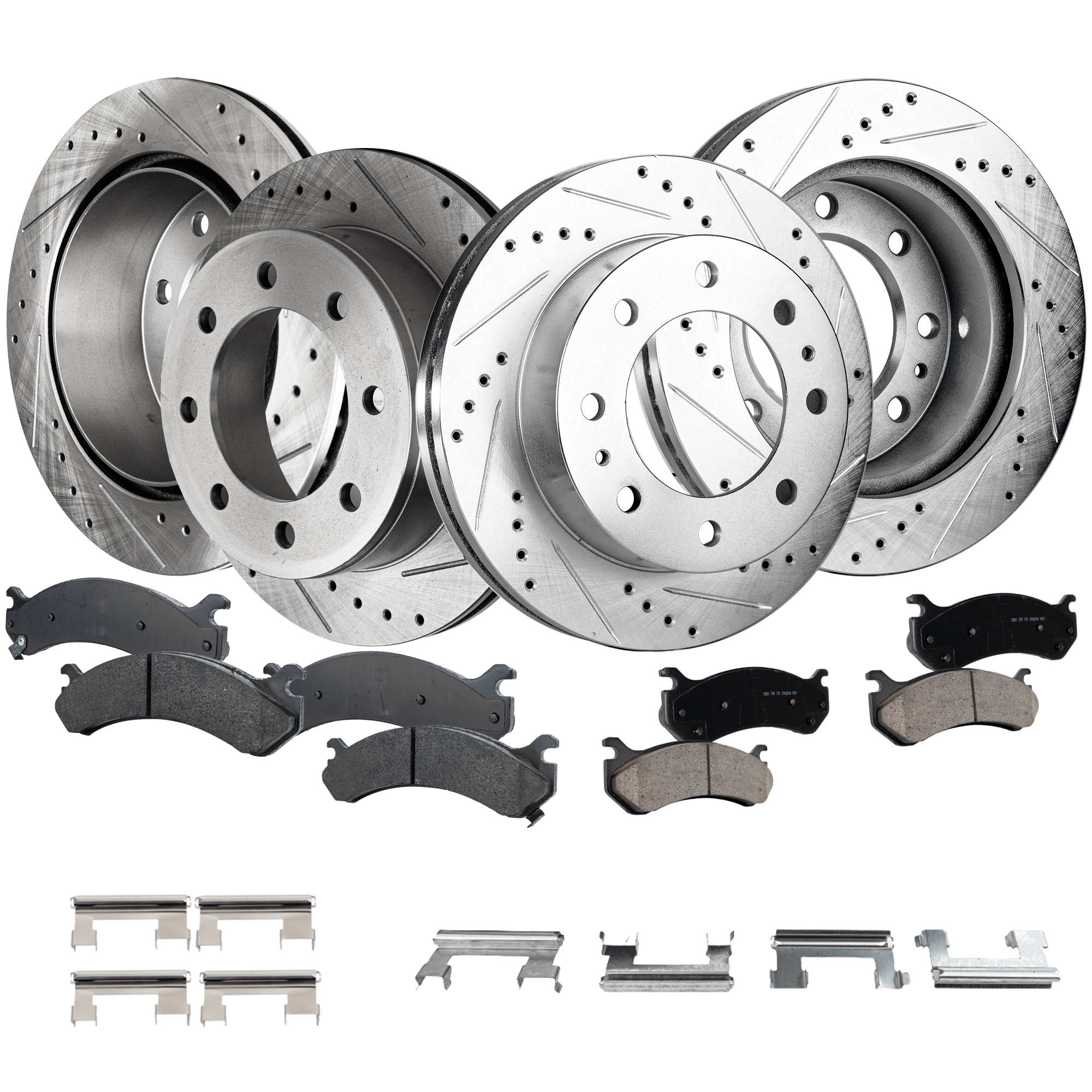 AM SILVERADO SIERRA 01-10 FRONT AND REAR BRAKE DISC AND PAD KIT 4 Wheel Set Cross drilled and Slotted SKU KIT 041123-02 OEM 55-062-550-721-453-100-000-000-000