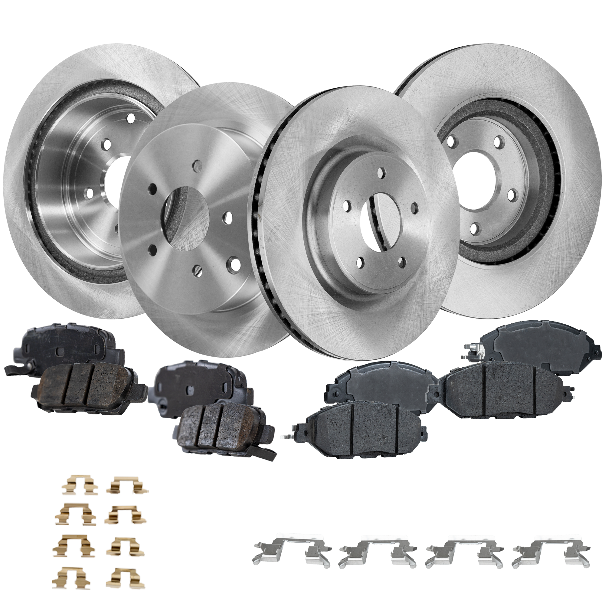 AM PATHFINDER 13-20 QX60-14-20 FRONT AND REAR BRAKE DISC AND PAD KIT 4 Wheel Set Plain Surface 5 Lugs Cast Iron Ceramic SKU KIT 041223-02 OEM 43206WL000-43206CA000-43206C