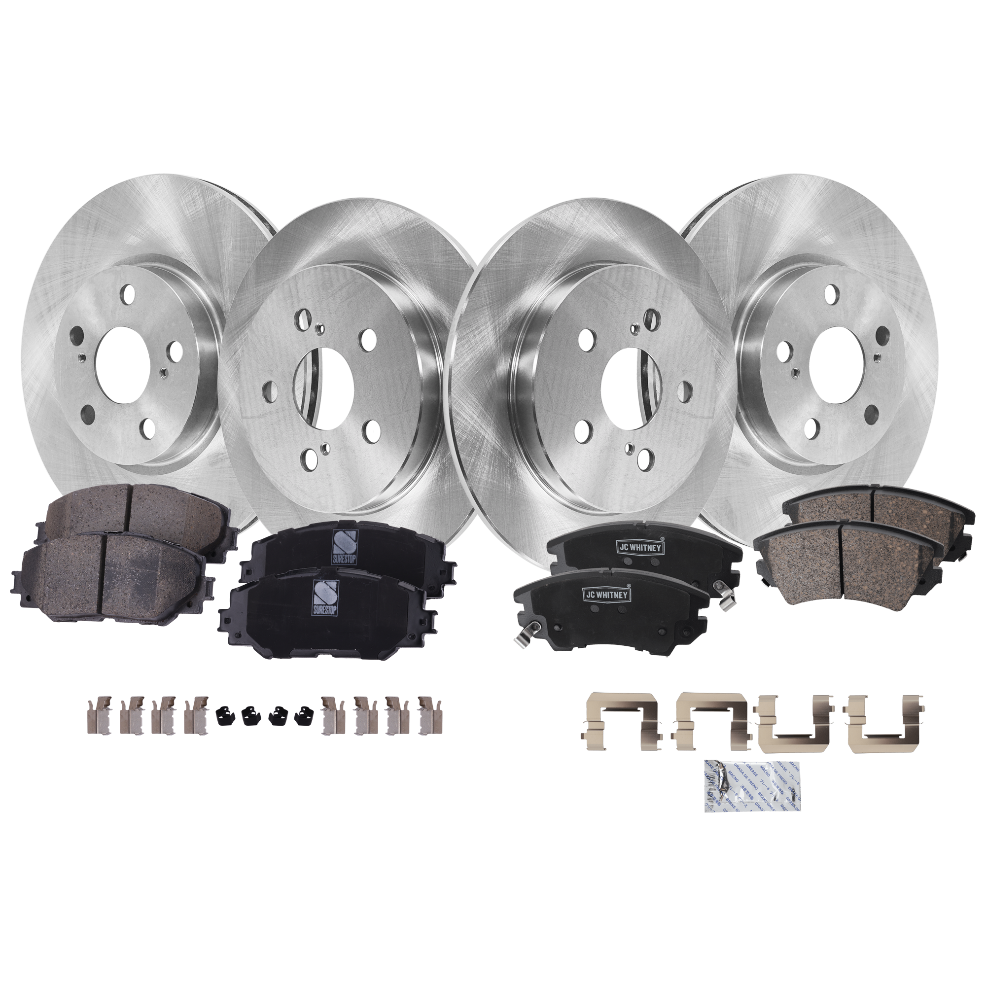 AM COROLLA 14-19 VIBE 09-10 FRONT AND REAR BRAKE DISC AND PAD KIT 8 pc kit Plain Surface 5 Lugs Cast Iron Ceramic SKU KIT 041223-05 OEM 4243102250-4243102200-42431123