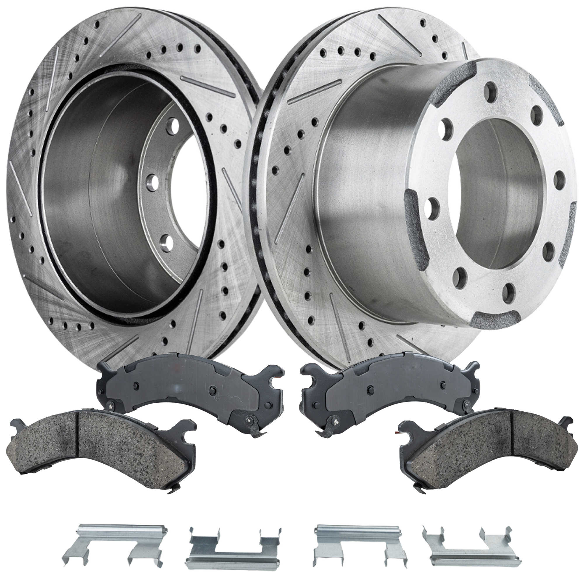 AM SILVERADO SIERRA 01-10 REAR BRAKE DISC AND PAD KIT 4 pc Kit Cross drilled and Slotted SKU KIT 041223-10 OEM 19972-55075-56992-145339-49325