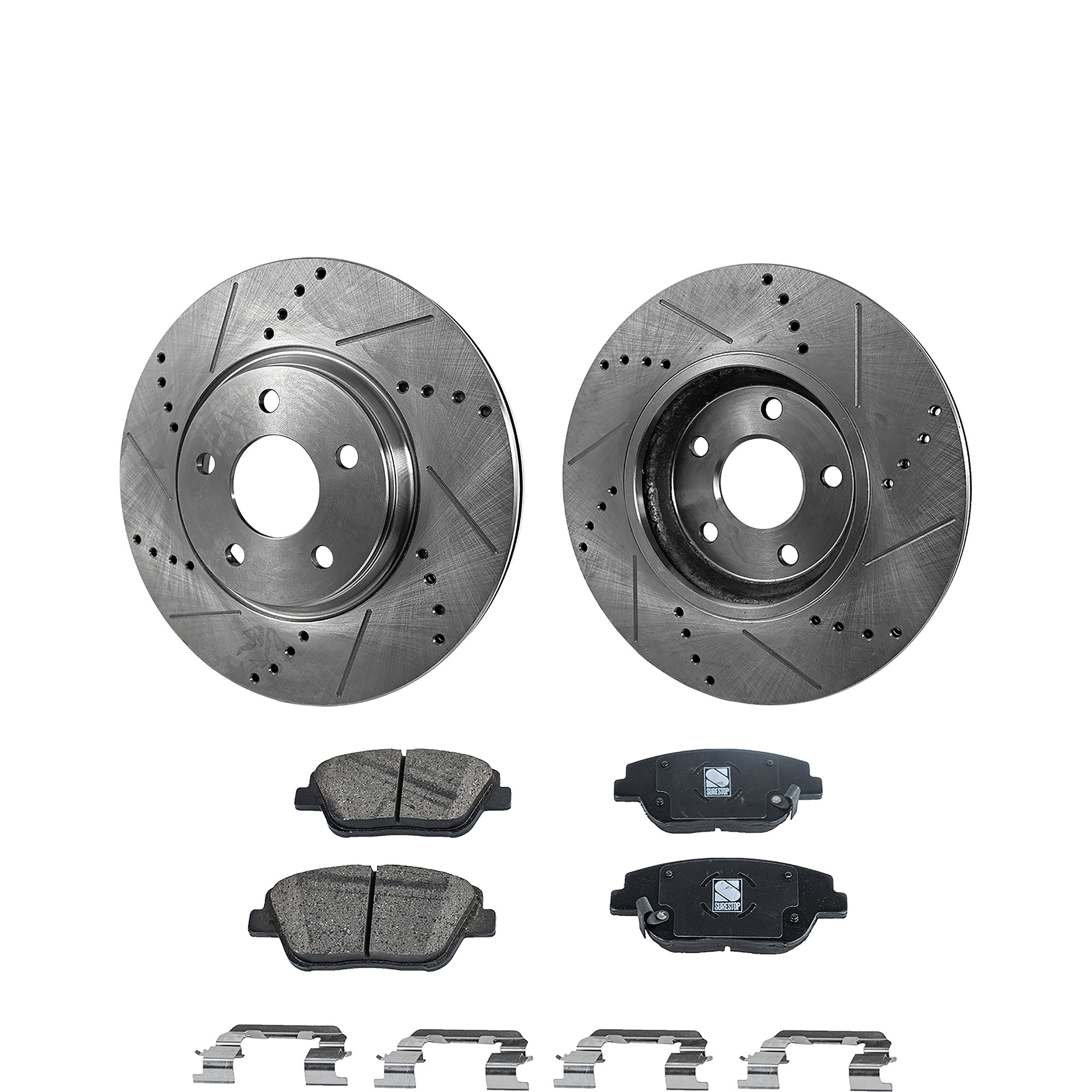 AM SONATA 11-15 OPTIMA 11-16 FRONT BRAKE DISC AND PAD KIT 4 pc kit Cross drilled and Slotted Ceramic SKU KIT 041223-13 OEM 31427-60289-145832-0833006-900