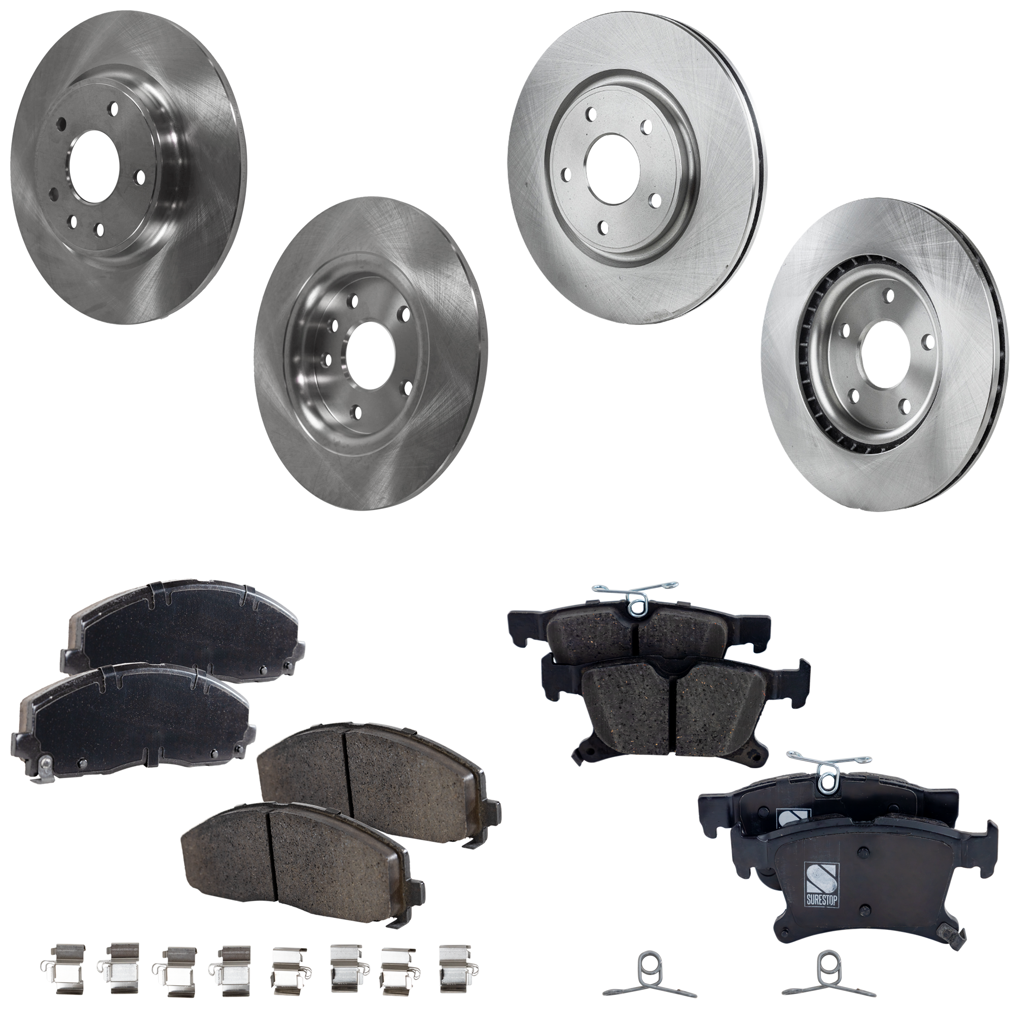 AM PACIFICA 17-20 FRONT AND REAR BRAKE DISC AND PAD KIT 4 Wheel Set Plain Surface 5 Lugs Cast Iron Ceramic SKU KIT 041223-14 OEM 43-179-530-687-809-600-000-000-000