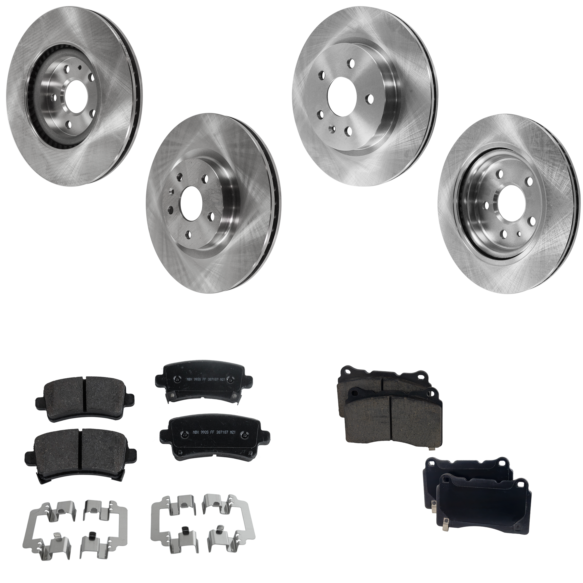 AM REGAL 14-17 XTS 13-17 FRONT AND REAR BRAKE DISC AND PAD KIT 8 pc kit 5 Lugs Ceramic Front Non Asbestos Organic Rear SKU KIT 041223-34 OEM 569062-13501303-13501290-13501