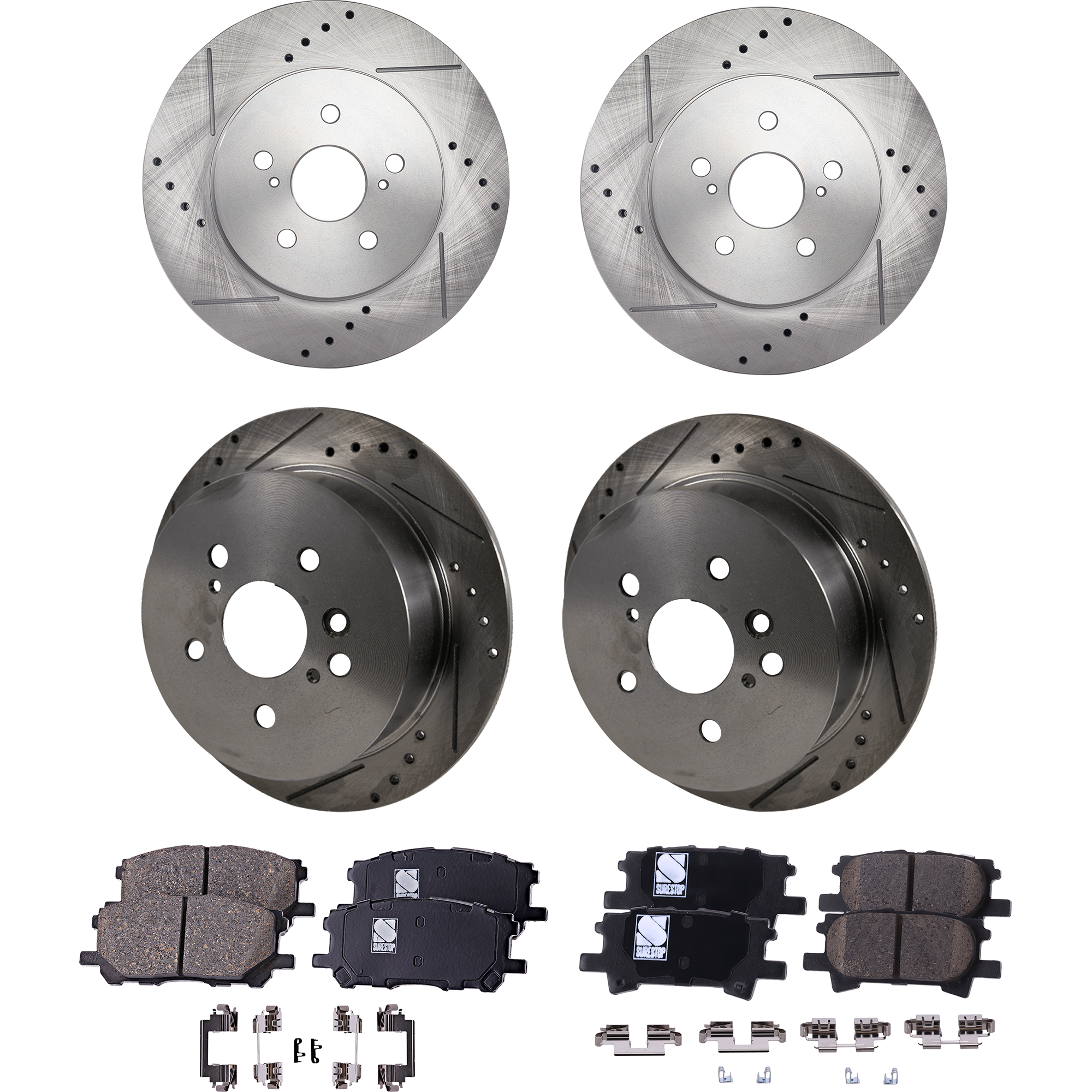 AM RX330-04-06 RX350-07-09 FRONT AND REAR BRAKE DISC AND PAD KIT 4 Wheel Set Cross drilled and Slotted Ceramic SKU KIT 041223-38 OEM 31356-145549-0832975-48880211