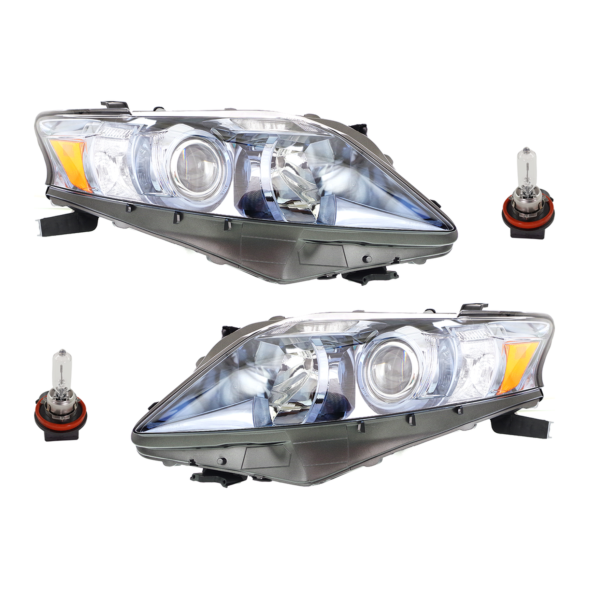 AM RX450H 10-12 HEAD LAMP RH AND LH Assembly Halogen 4 pc Kit with Headlight Bulb CAPA SKU KIT 041423-10 Partslink LX2518129C LX2519129C OEM 8113048750-8117048750