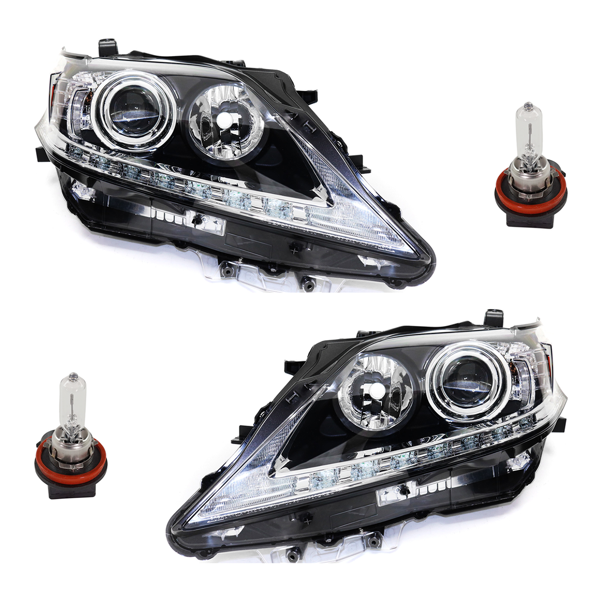 AM RX450H 13-15 HEAD LAMP RH AND LH Assembly Halogen 4 pc Kit with Headlight Bulb SKU KIT 041423-12 Partslink LX2518138 LX2519138 OEM 8113048A80-8117048A80