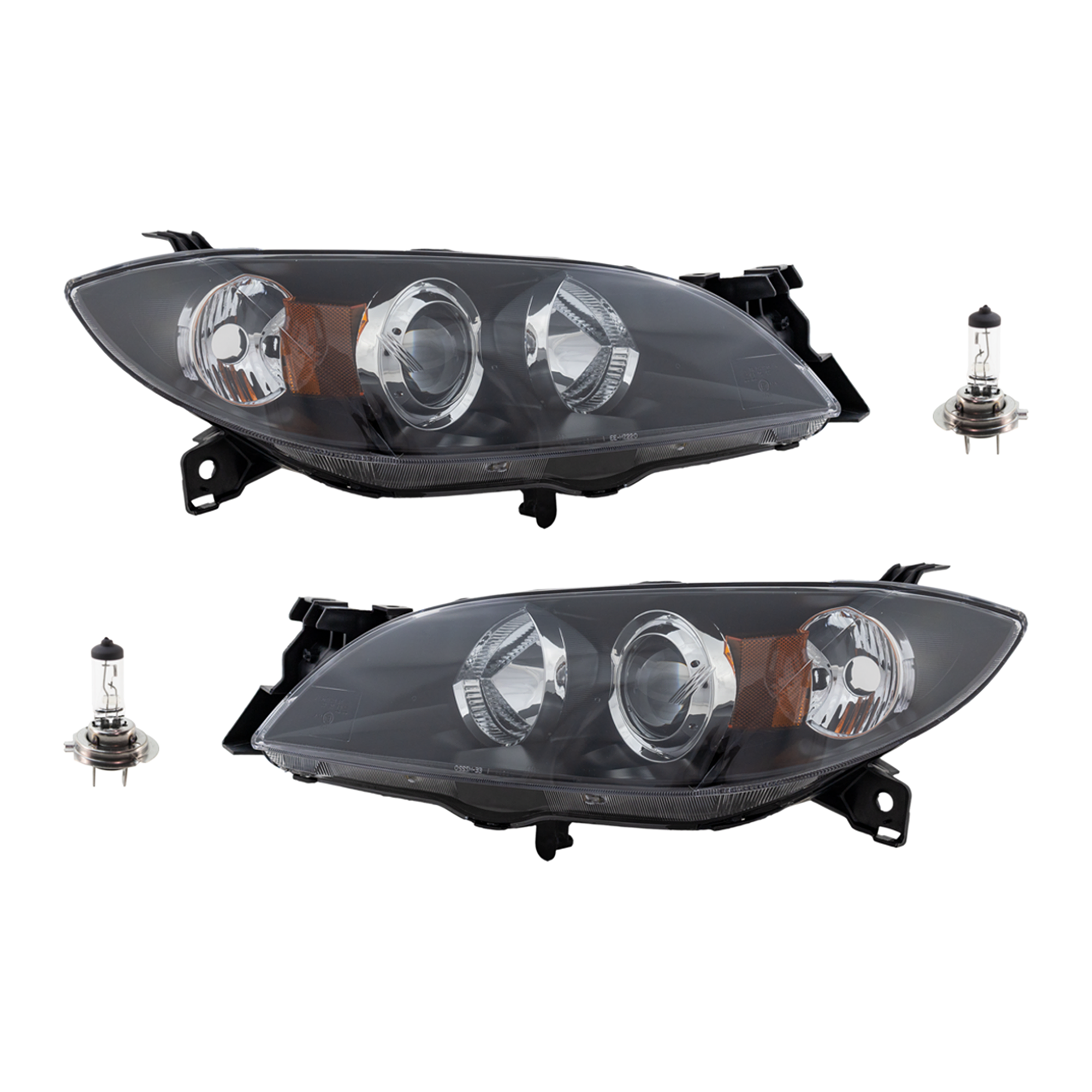 AM MAZDA 3-04-09 HEAD LAMP RH AND LH Assembly Halogen 4 pc Kit with Headlight Bulb CAPA SKU KIT 041423-17 Partslink MA2518108C MA2519108C OEM BN8P510K0D BN8P510L0D