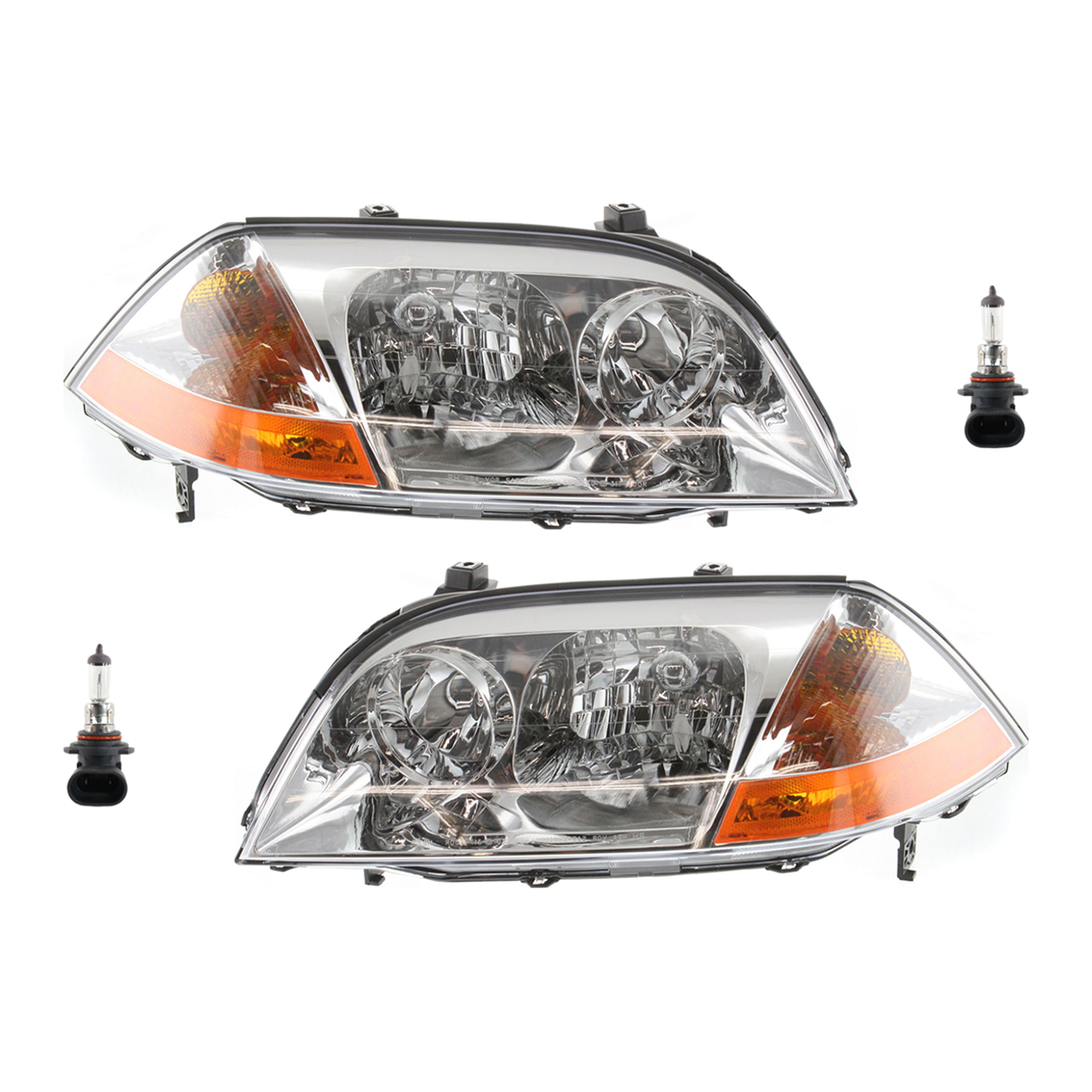 AM MDX 01-03 HEAD LAMP RH AND LH Assembly Halogen 4 pc Kit with Headlight Bulb SKU KIT 041423-220 Partslink AC2518103 AC2519103 OEM 33101S3VA01-33151S3VA01 H83155