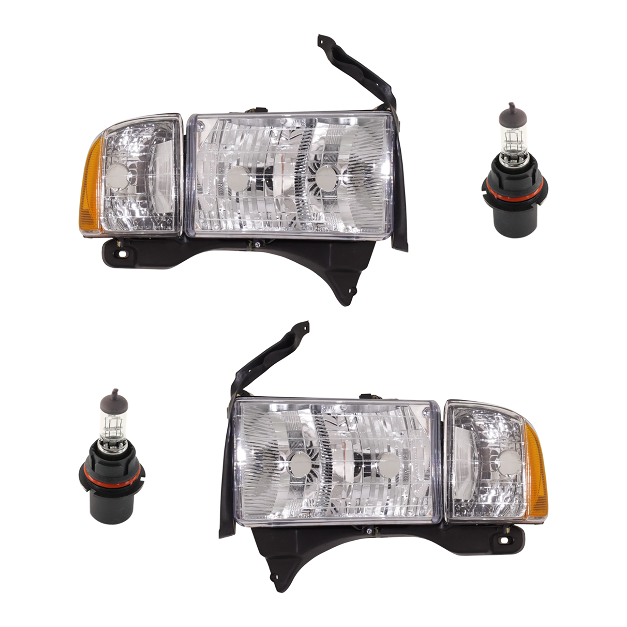 AM RAM FULLSIZE P U 99-02 HEAD LAMP RH AND LH Assembly Halogen 4 pc Kit with Headlight Bulb SKU KIT 041423-281 OEM 55077024AC 55077024AG 55077025