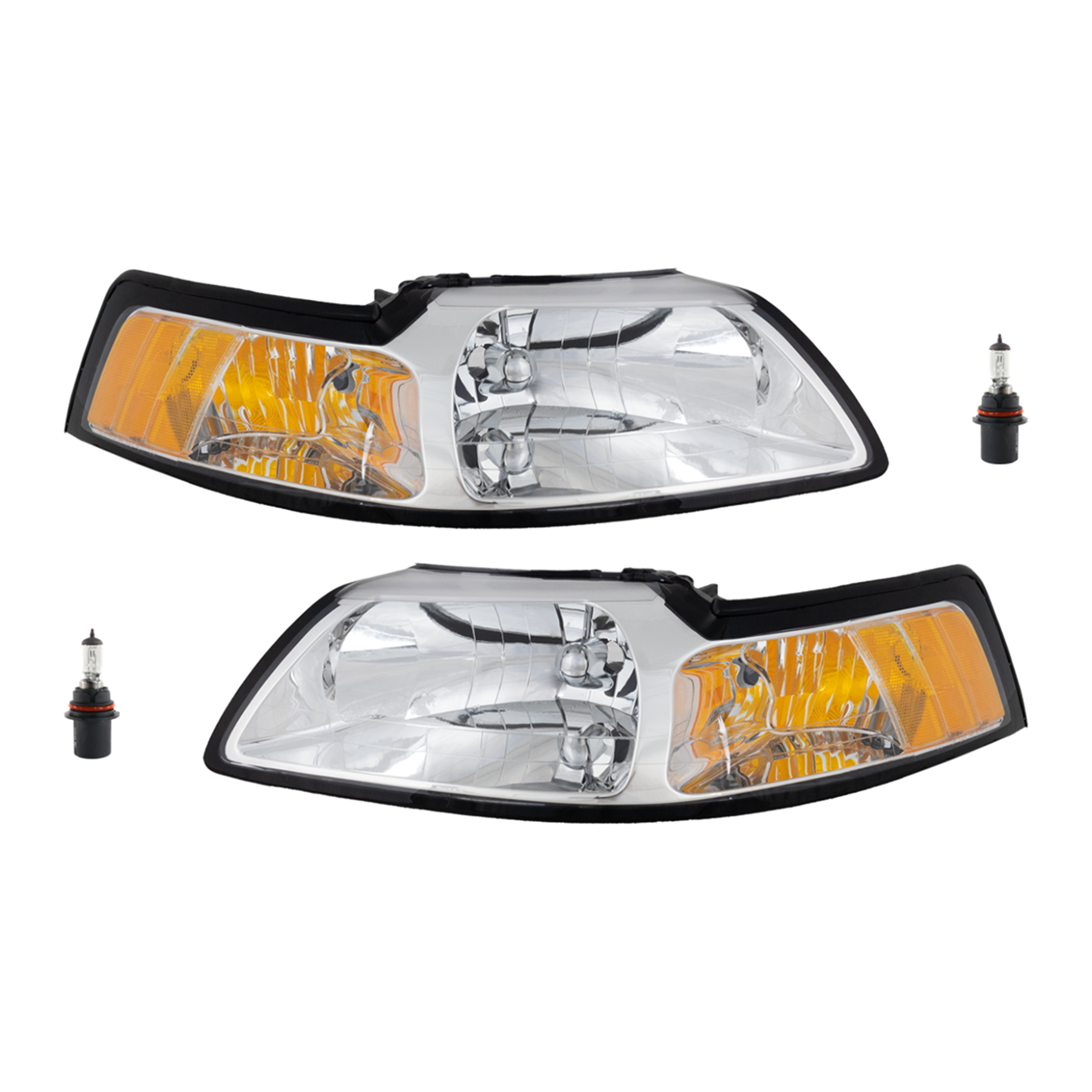 AM MUSTANG 99-00 HEAD LAMP RH AND LH Assembly Halogen 4 pc Kit with Headlight Bulb SKU KIT 041423-288 OEM YR3Z13008AA PFM YR3Z13008BA PF