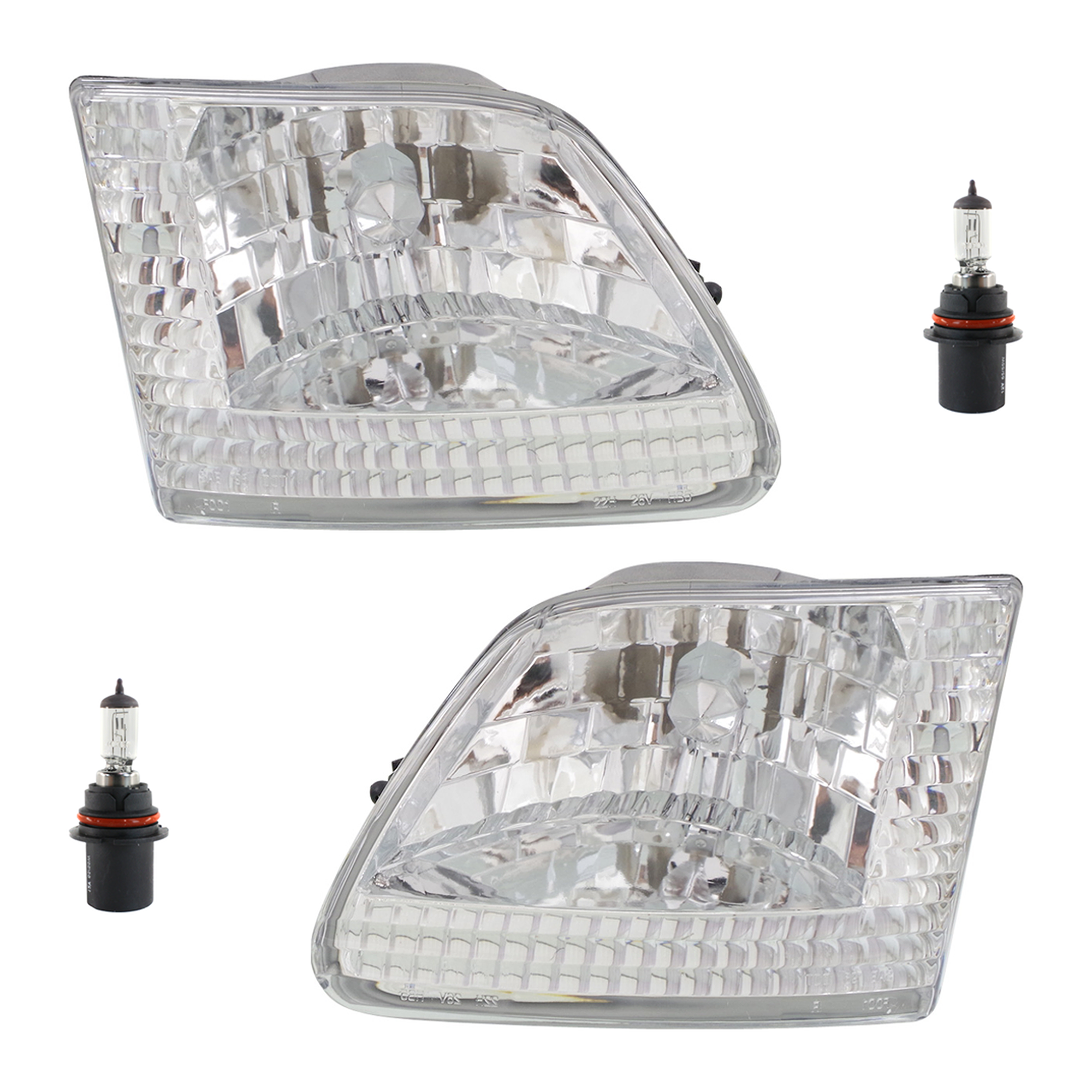 AM F 150-97-03 F 150 HERITAGE 04-04 F 250-97-99 HEAD LAMP RH AND LH Assembly Halogen 4 pc Kit with Headlight Bulb SKU KIT 041423-431 OEM 3L3Z13008DA PFM 3L3Z13008CA PF
