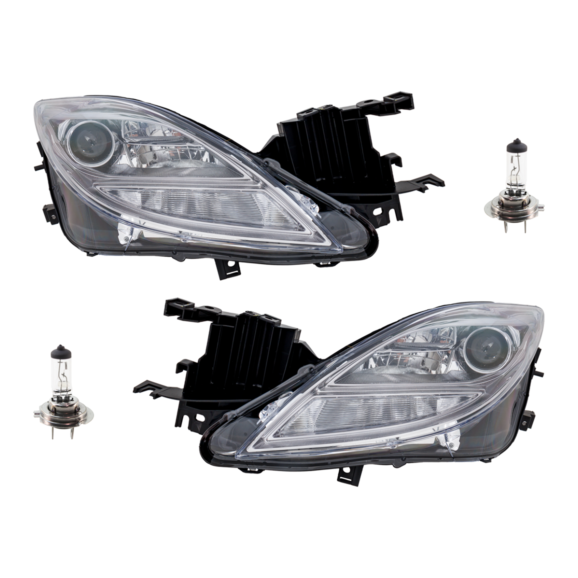 AM MAZDA 6-09-10 HEAD LAMP RH AND LH Assembly Halogen 4 pc Kit with Headlight Bulb CAPA SKU KIT 041423-50 Partslink MA2518127C MA2519127C OEM GS3L510K0G GS3L510L0G