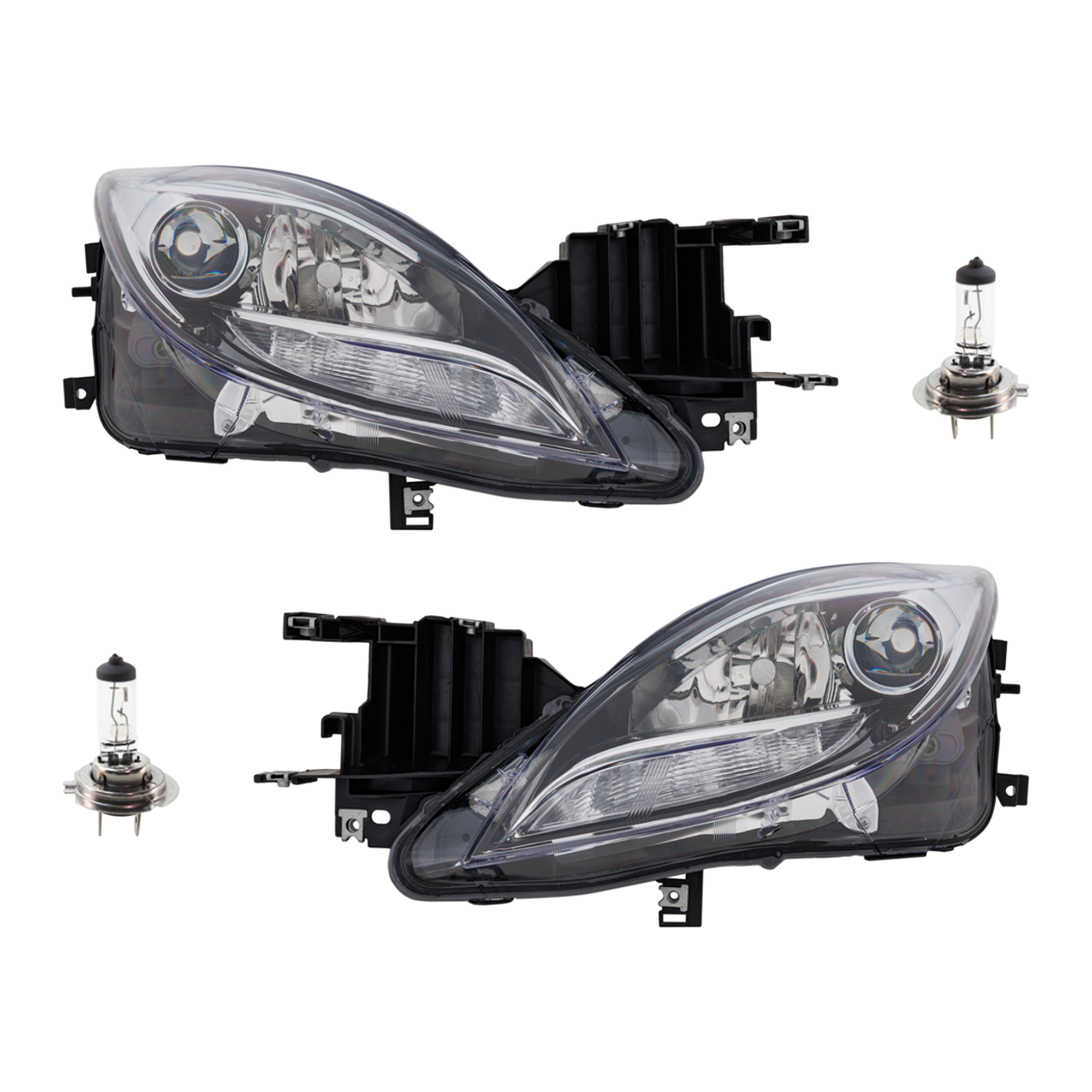AM MAZDA 6-11-13 HEAD LAMP RH AND LH Assembly Halogen 4 pc Kit with Headlight Bulb CAPA SKU KIT 041423-61 Partslink MA2518141C MA2519141C OEM GEG1510K0E GEG1510L0E