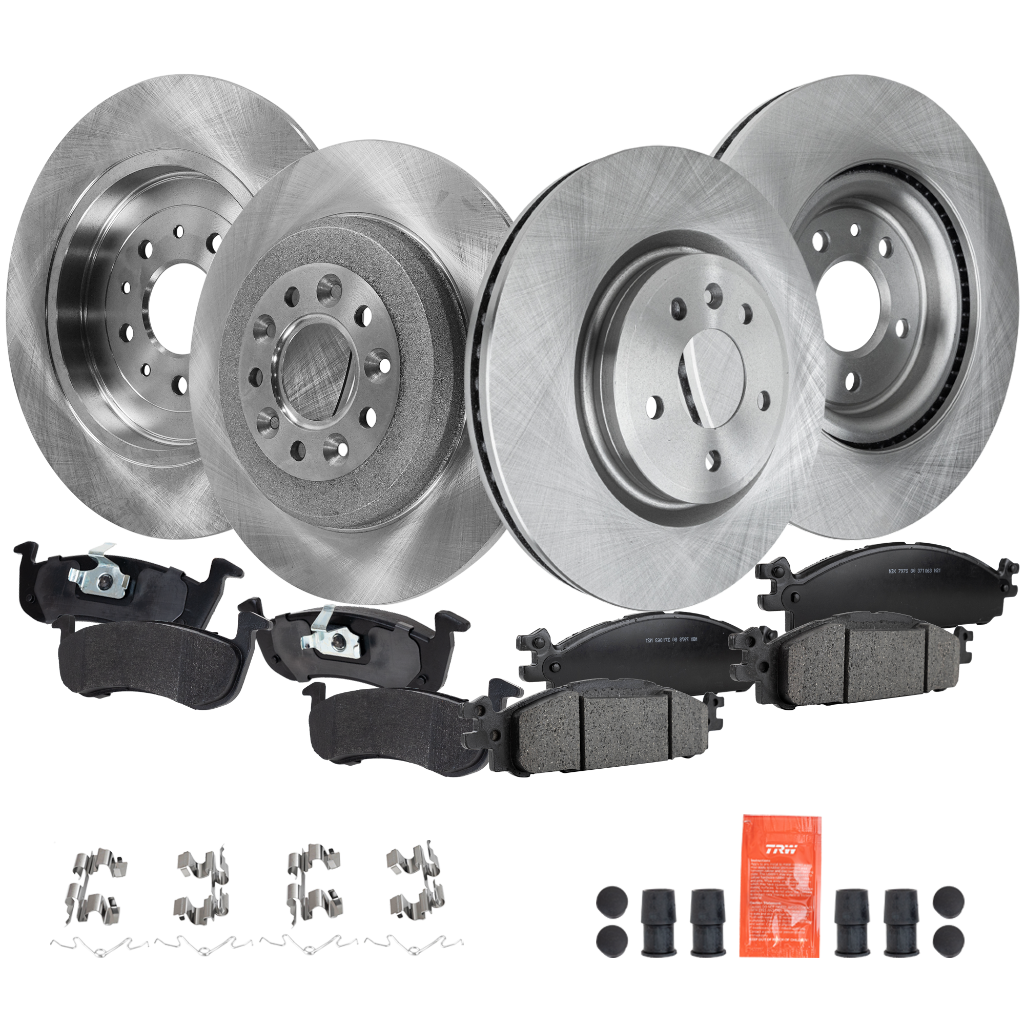 AM MKT 13-19 FRONT AND REAR BRAKE DISC AND PAD KIT 4 Wheel Set Plain Surface 5 Lugs Cast Iron Ceramic SKU KIT 041523-01 OEM CB5Z1125A 5F9Z2C026BA BB5Z2001