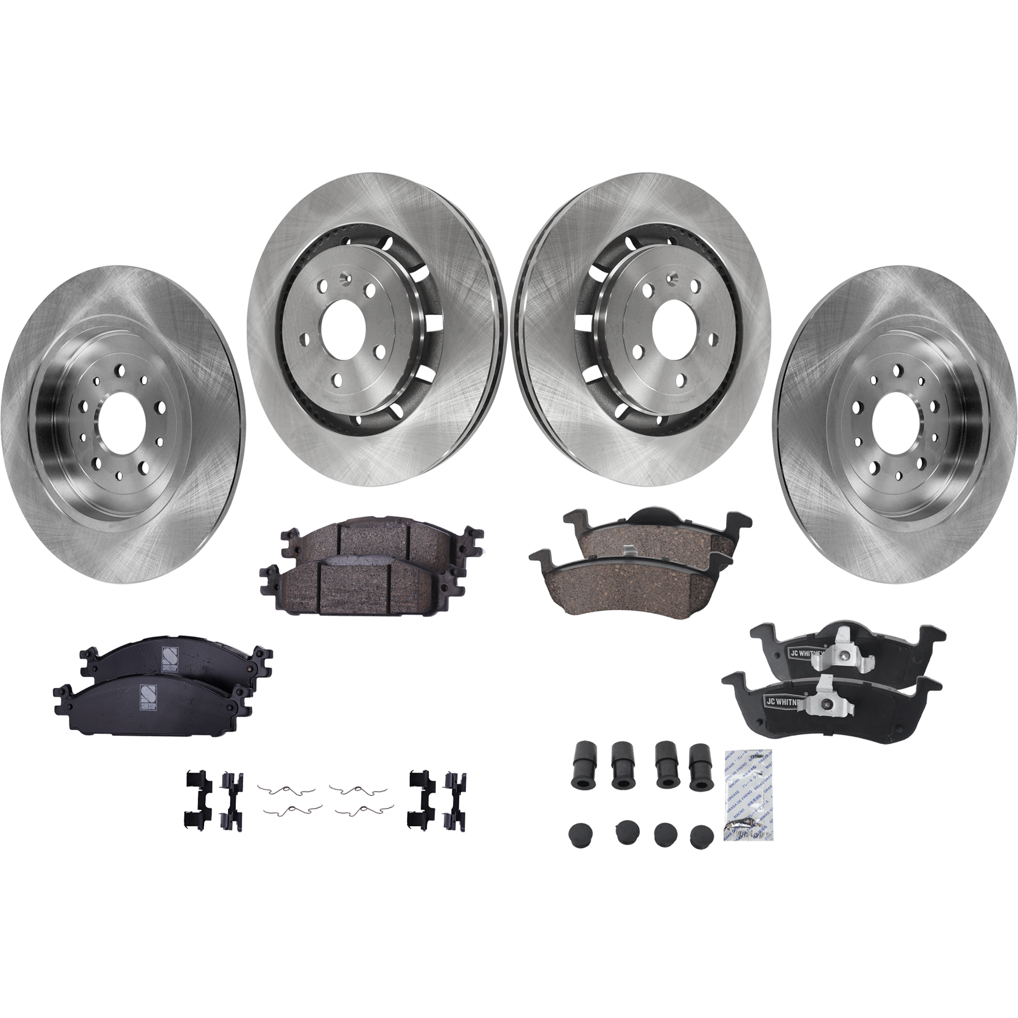 AM MKT 13-19 FRONT AND REAR BRAKE DISC AND PAD KIT 8 pc kit Plain Surface 5 Lugs Cast Iron Ceramic SKU KIT 041523-02 OEM 5F9Z2C026BA 42332-90054266 BBR