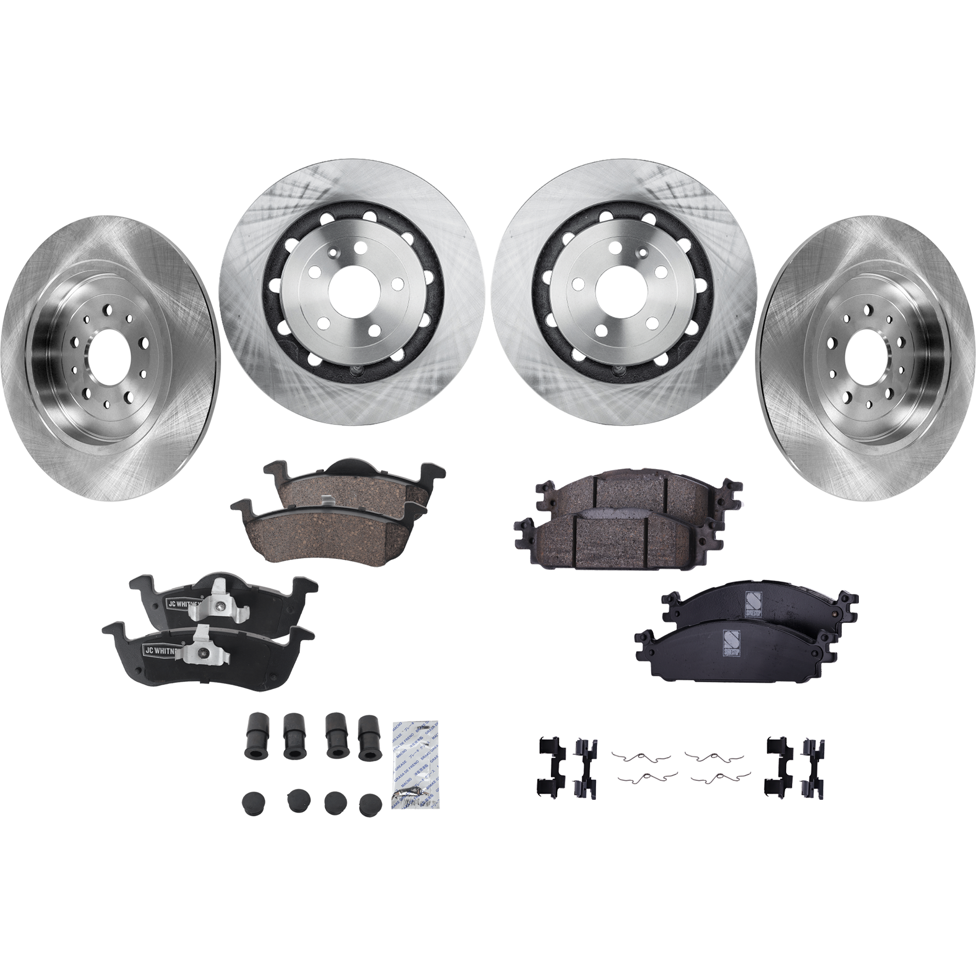 AM MKT 13-19 FRONT AND REAR BRAKE DISC AND PAD KIT 8 pc kit Plain Surface 5 Lugs Cast Iron Ceramic SKU KIT 041523-03 OEM 5F9Z2C026BA DG1Z1125C DG1Z1125