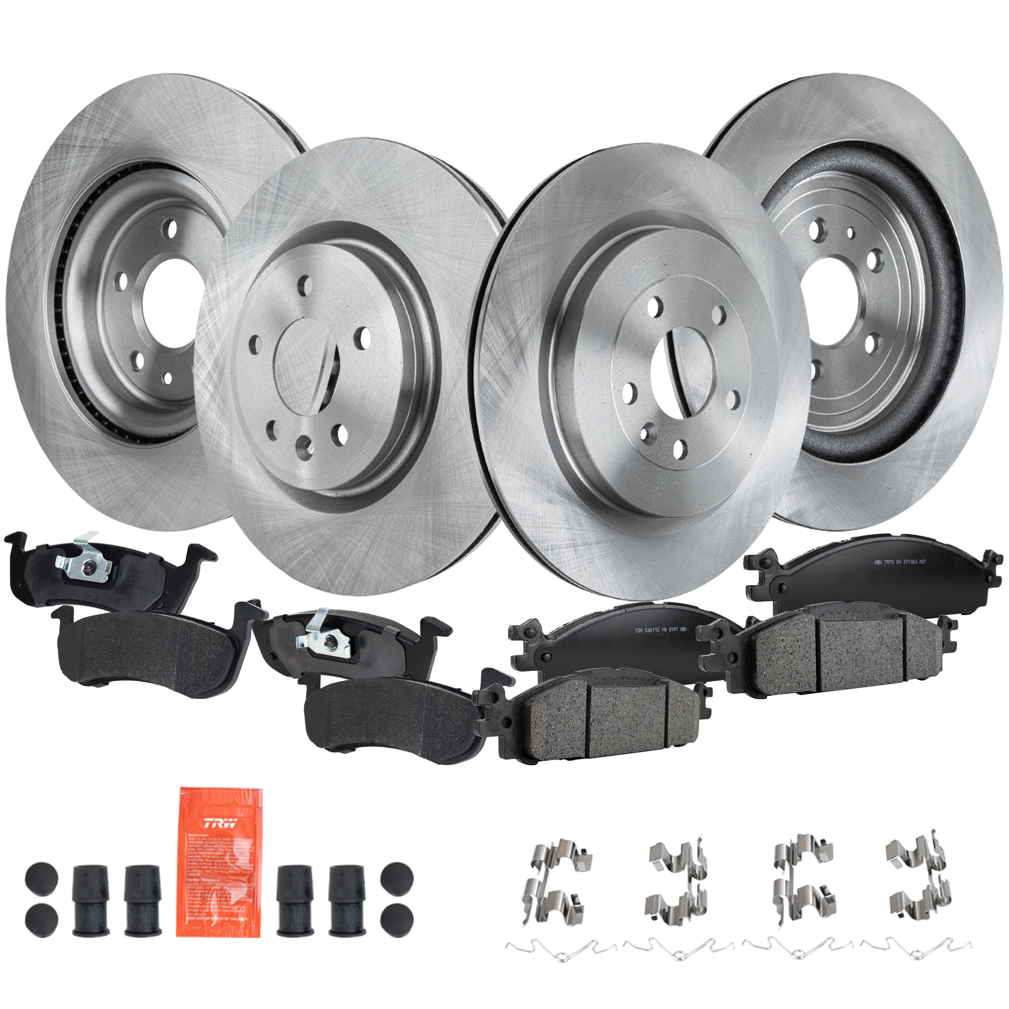 AM MKT 13-19 FRONT AND REAR BRAKE DISC AND PAD KIT 8 pc kit Plain Surface 5 Lugs Cast Iron Ceramic SKU KIT 041523-04 OEM 42285-54189-54190-680983-85030