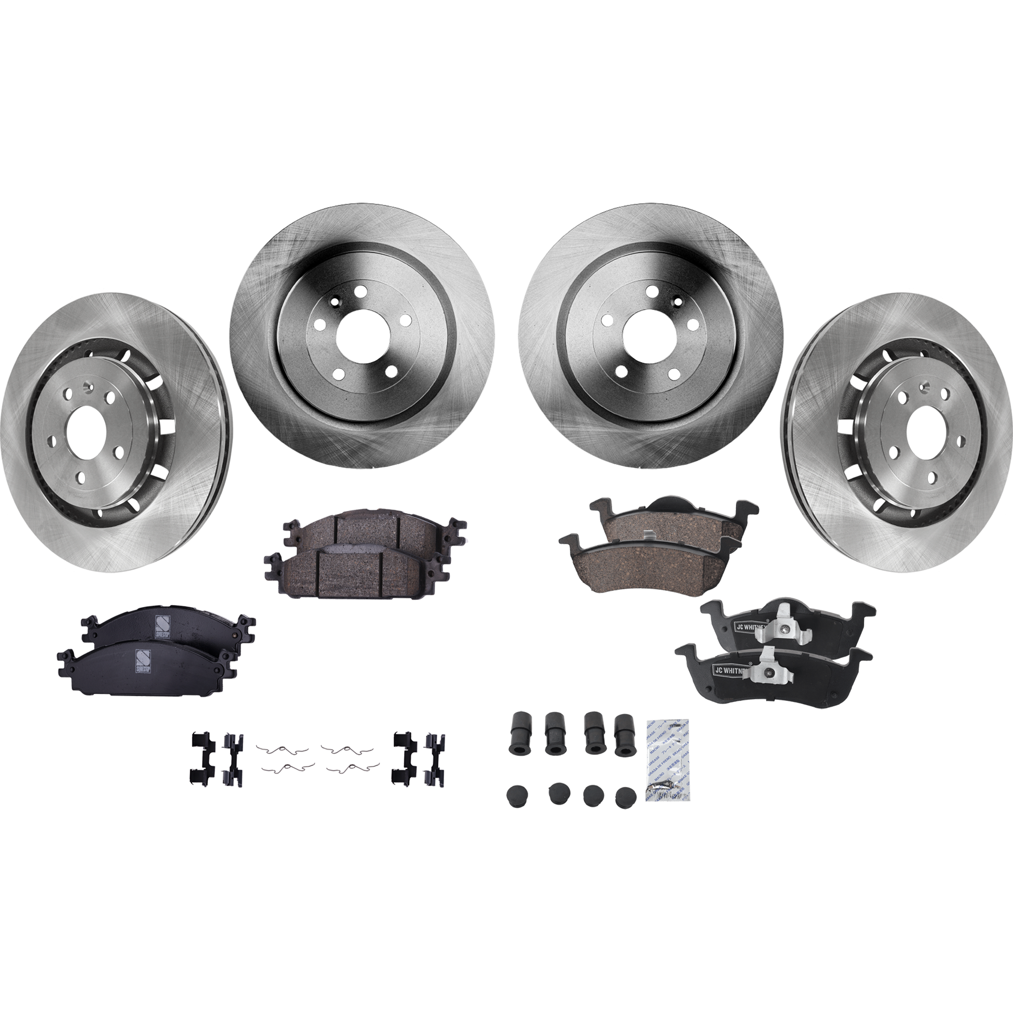 AM MKT 13-19 FRONT AND REAR BRAKE DISC AND PAD KIT 8 pc kit Plain Surface 5 Lugs Cast Iron Ceramic SKU KIT 041523-05 OEM 42285-54189-54190-680983-85030