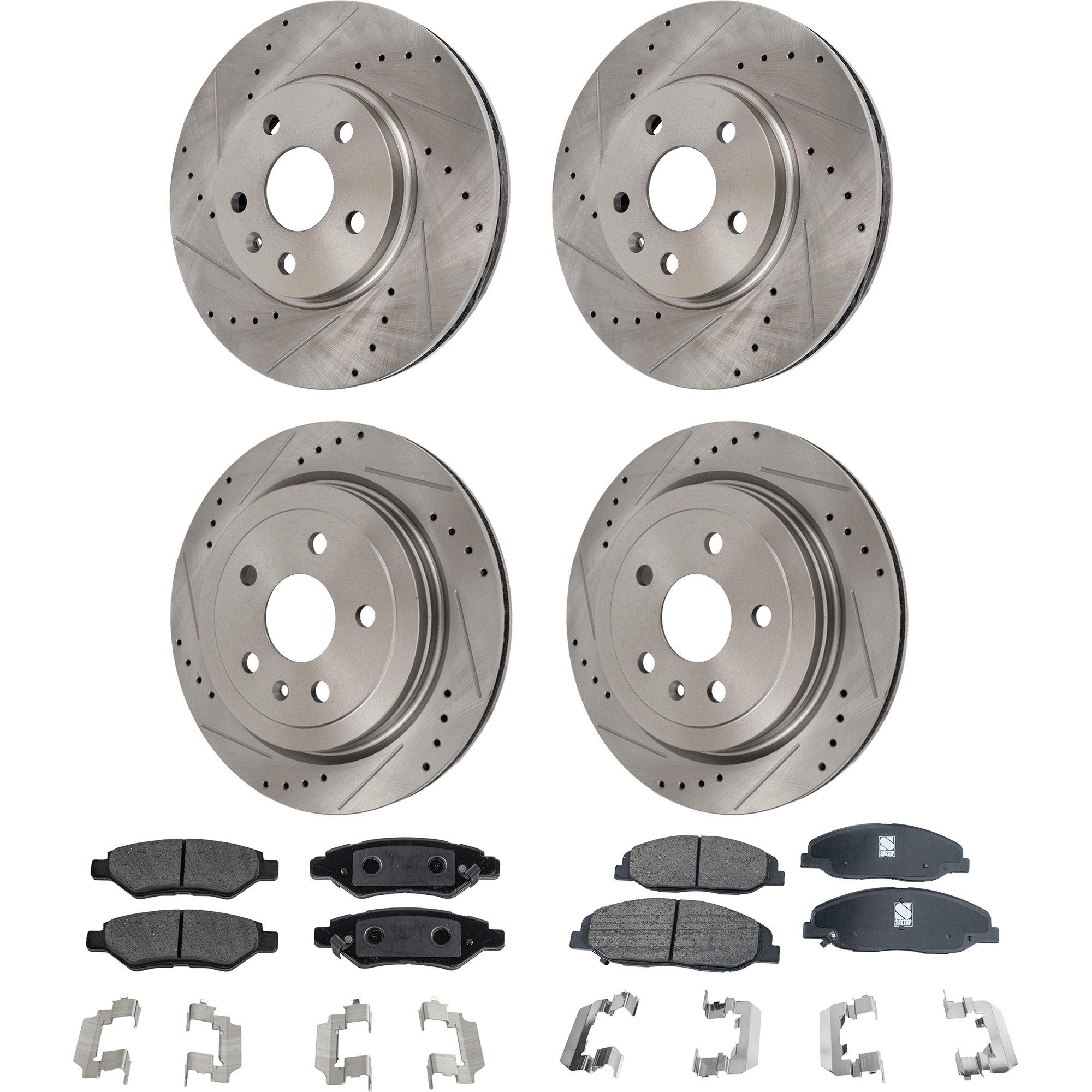 AM CTS 08-14 FRONT AND REAR BRAKE DISC AND PAD KIT 8 pc kit Cross drilled and Slotted SKU KIT 041523-11 OEM 41247-55157-850103-900504-6004