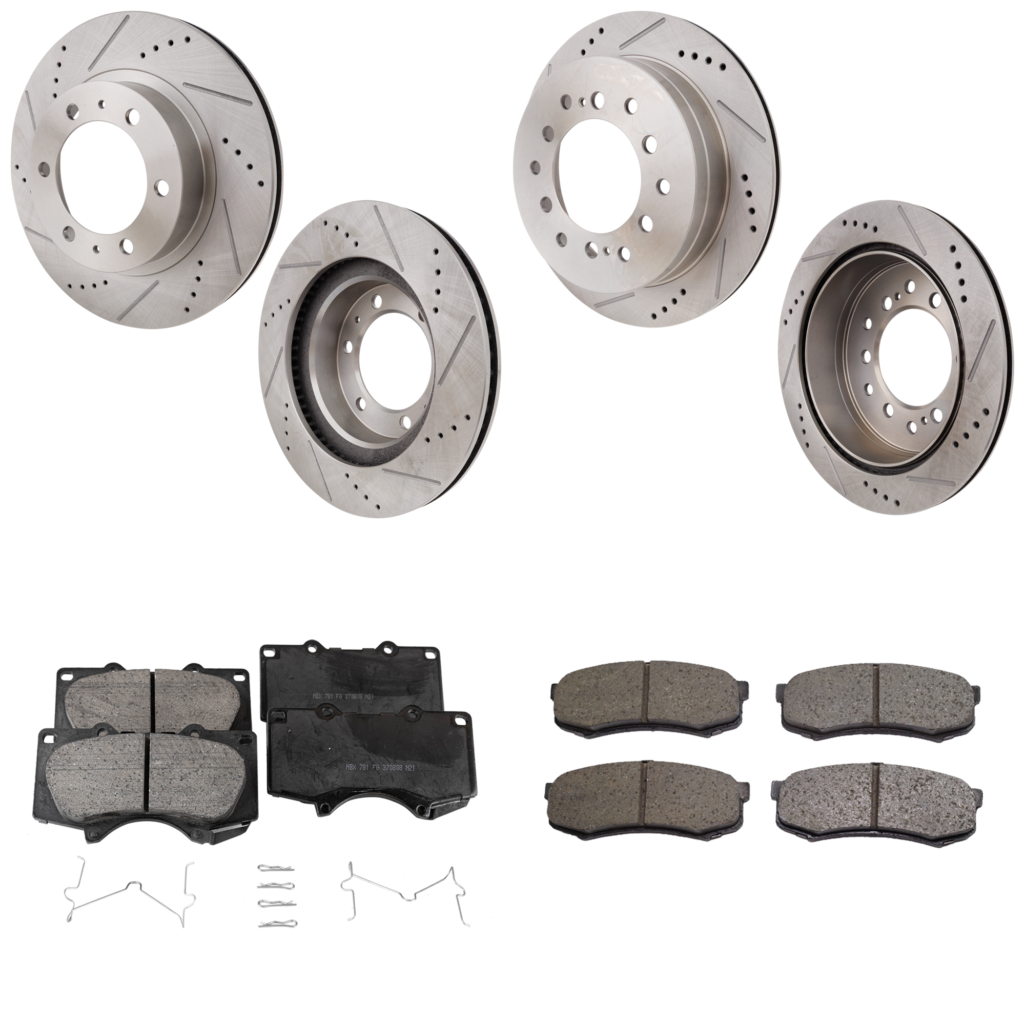 AM 4RUNNER 03-09 FJ CRUISER 07-09 FRONT AND REAR BRAKE DISC AND PAD KIT 4 Wheel Set Cross drilled and Slotted 6 Lugs Cast Iron Ceramic SKU KIT 041723-03 OEM 31-327-315-204-462-300-000-000-000