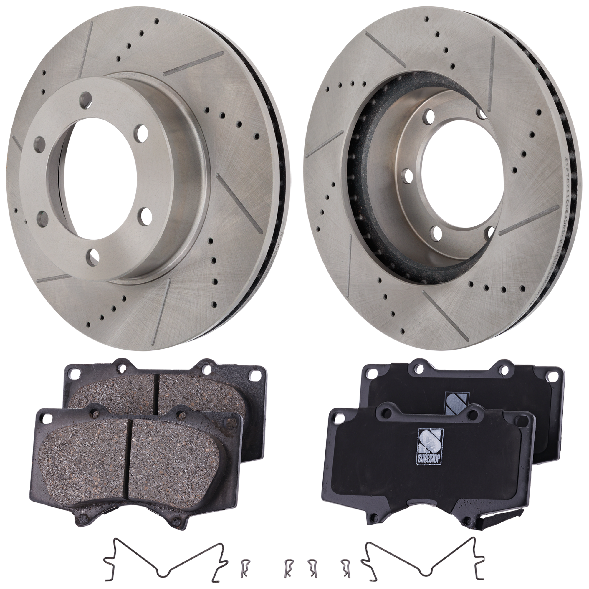 AM SEQUOIA 03-07 TUNDRA 03-06 FRONT BRAKE DISC AND PAD KIT 4 pc Kit Cross drilled and Slotted 6 Lugs Ceramic w Brake Disc and Brake Pad Set SKU KIT 041724-13 OEM 19694-31267-96931-107524-14529