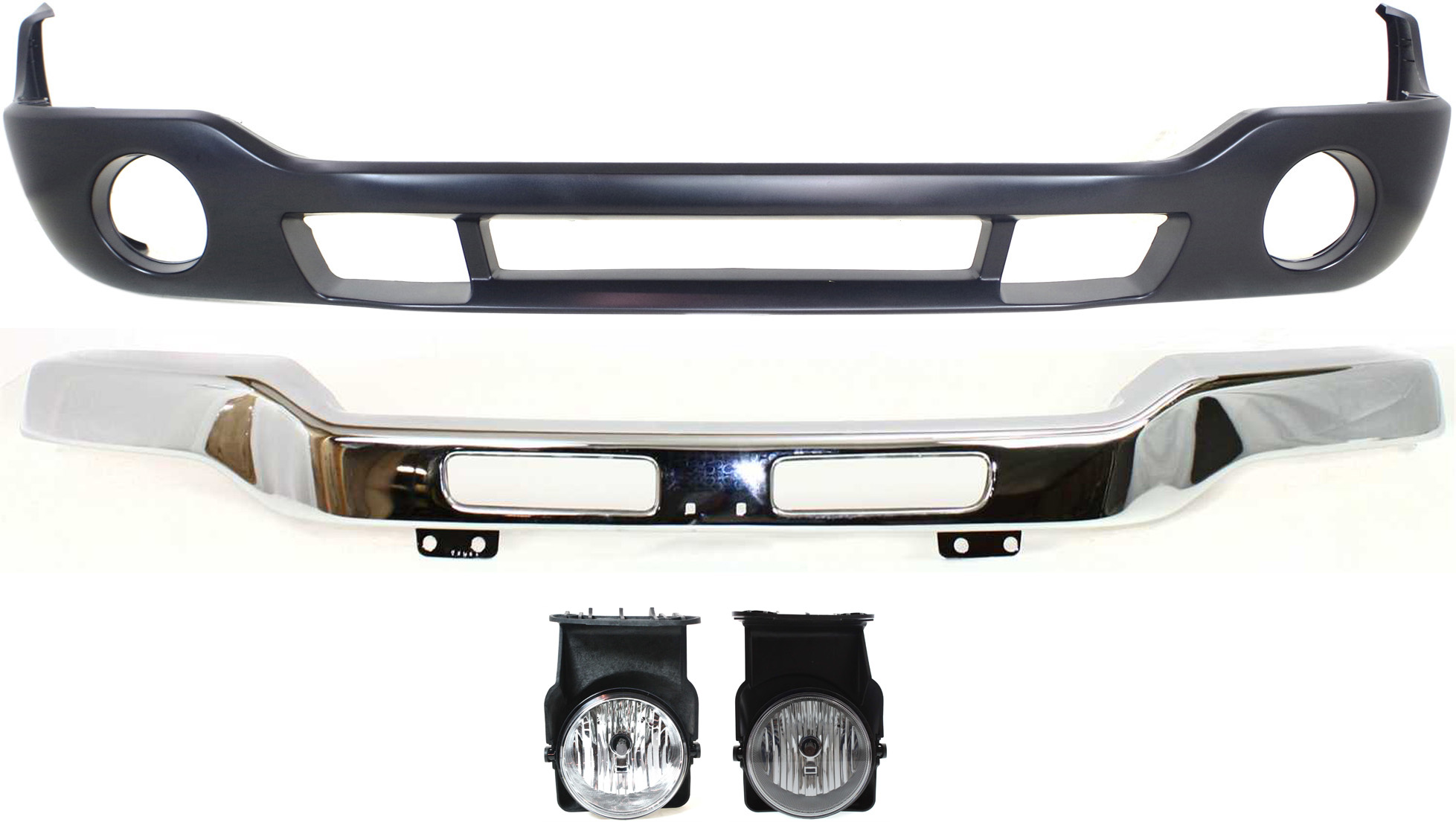 AM GMC C K FULL SIZE PICKUP 05-06 FRONT BUMPER Chrome 4 pc kit with Bumper Cover and Fog Lights Includes 2007 Classic SKU KIT 041817-07 Partslink GM1002418 GM1000684 GM2592154 GM2593154 OEM 15098990-12335963-88979837-157
