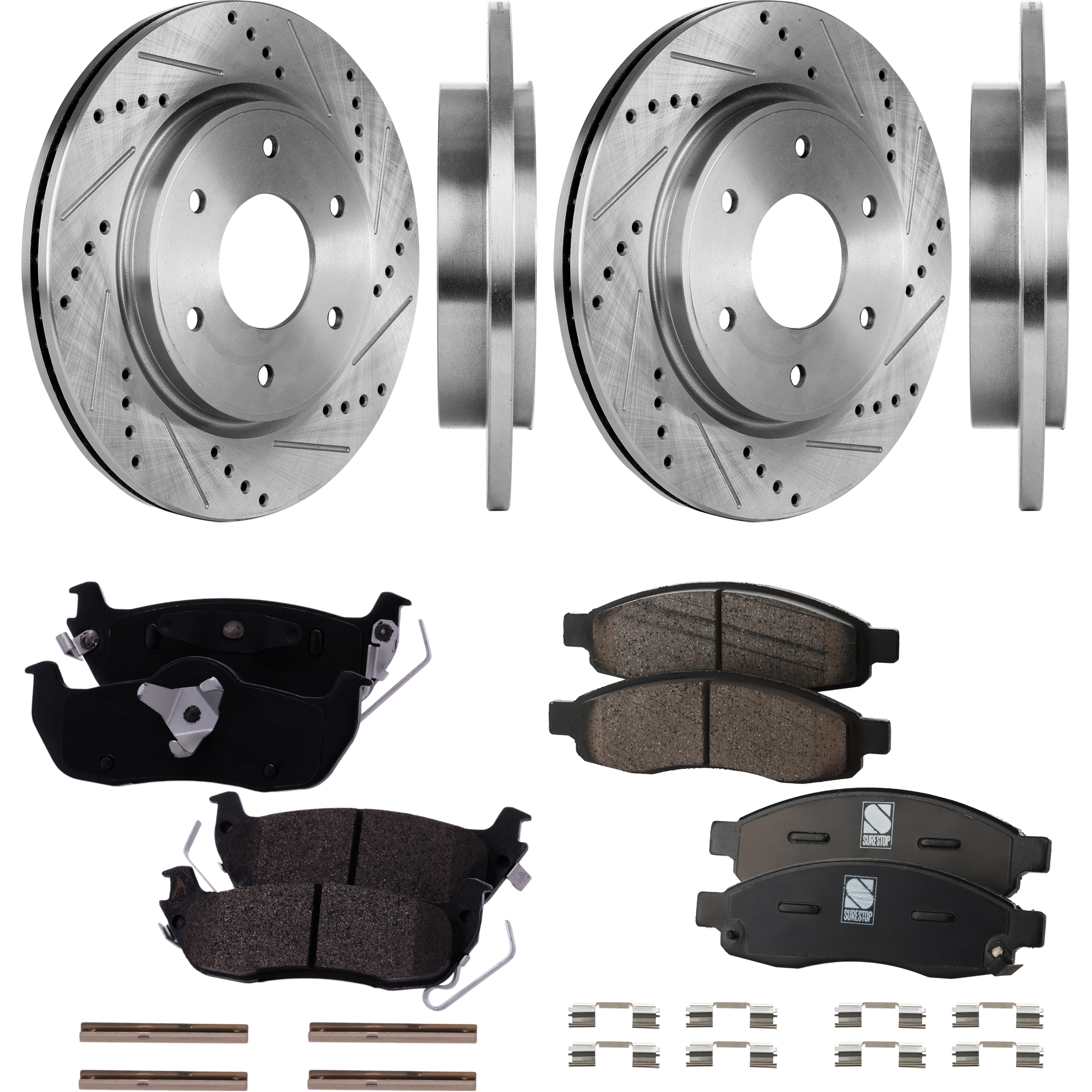 AM QX56 ARMADA 05-05 FRONT AND REAR BRAKE DISC AND PAD KIT 8 pc kit Cross drilled and Slotted SKU KIT 042023-07 OEM 31425-44573-60301-900286-98042